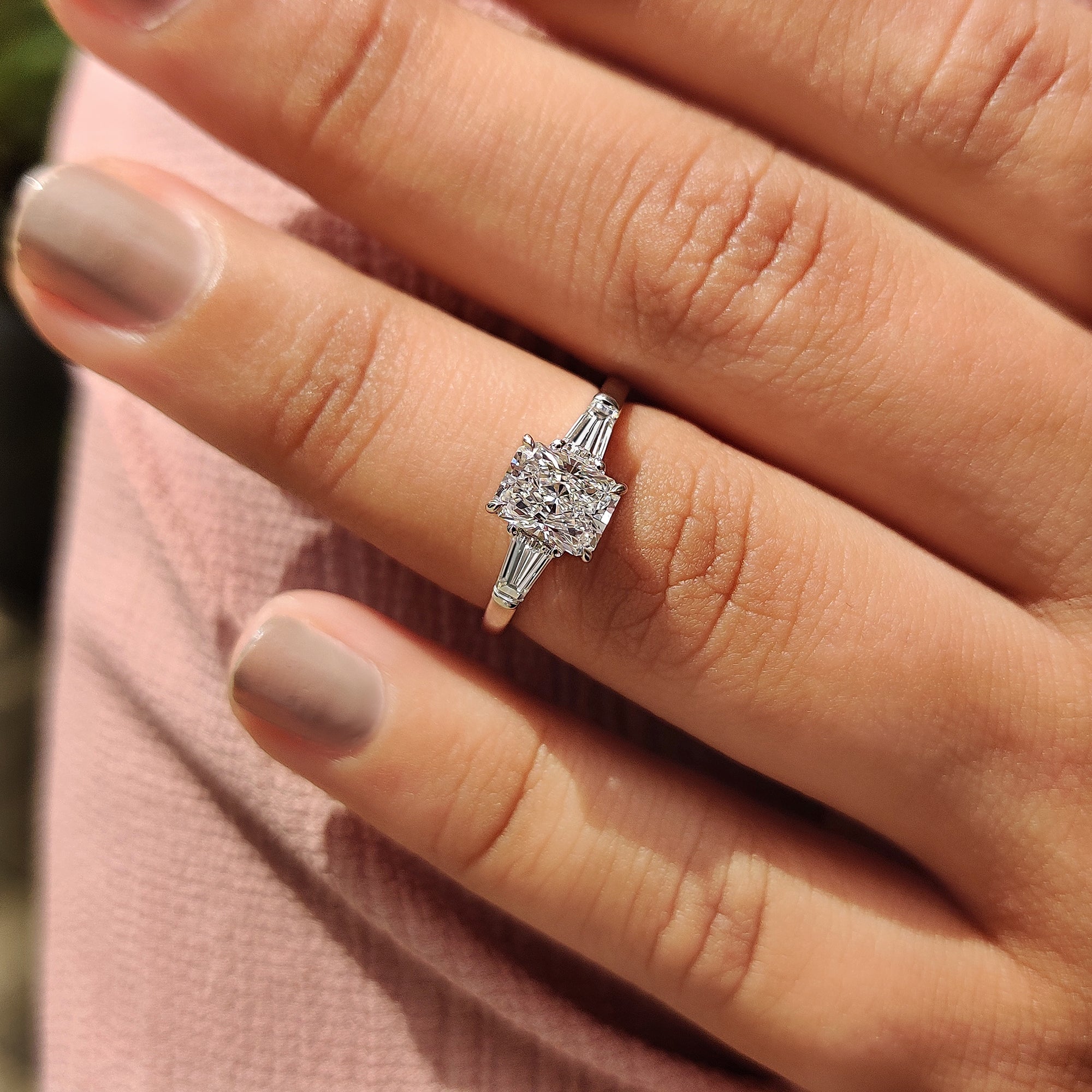 Three Stone Engagement Ring - Tapered Baguette Side Stone