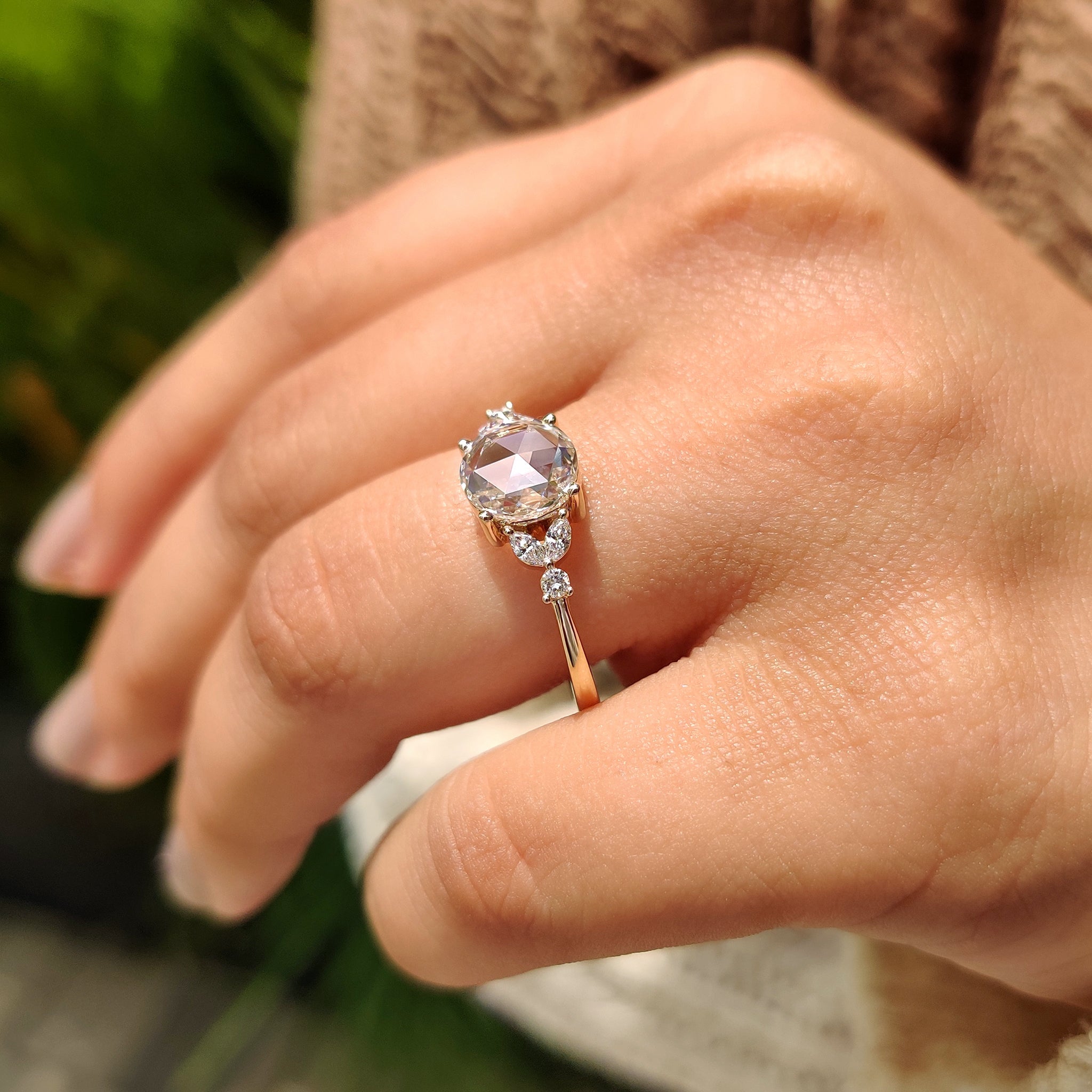 Round Rose Cut Yellow Gold Engagement Ring