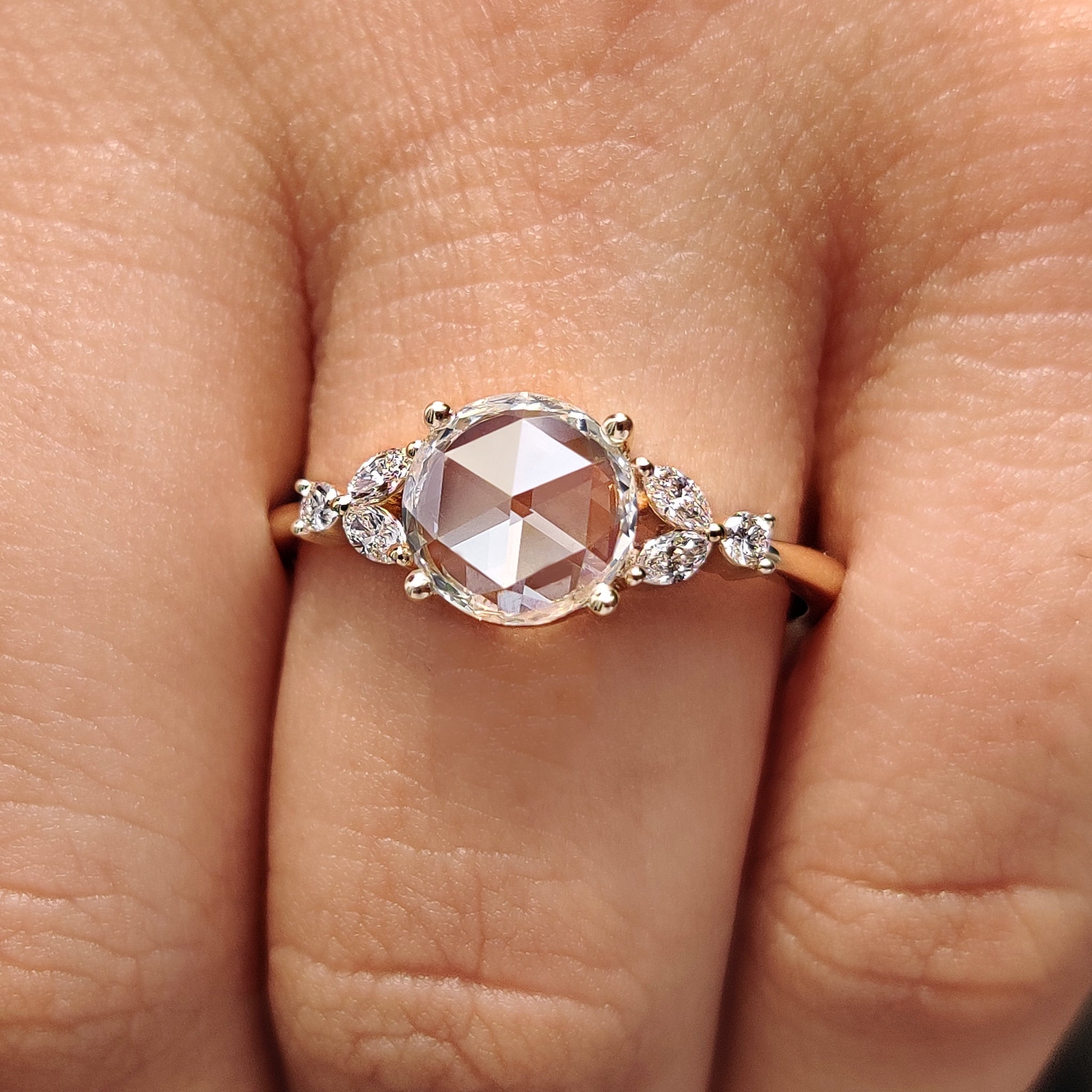 Round Rose Cut Yellow Gold Engagement Ring