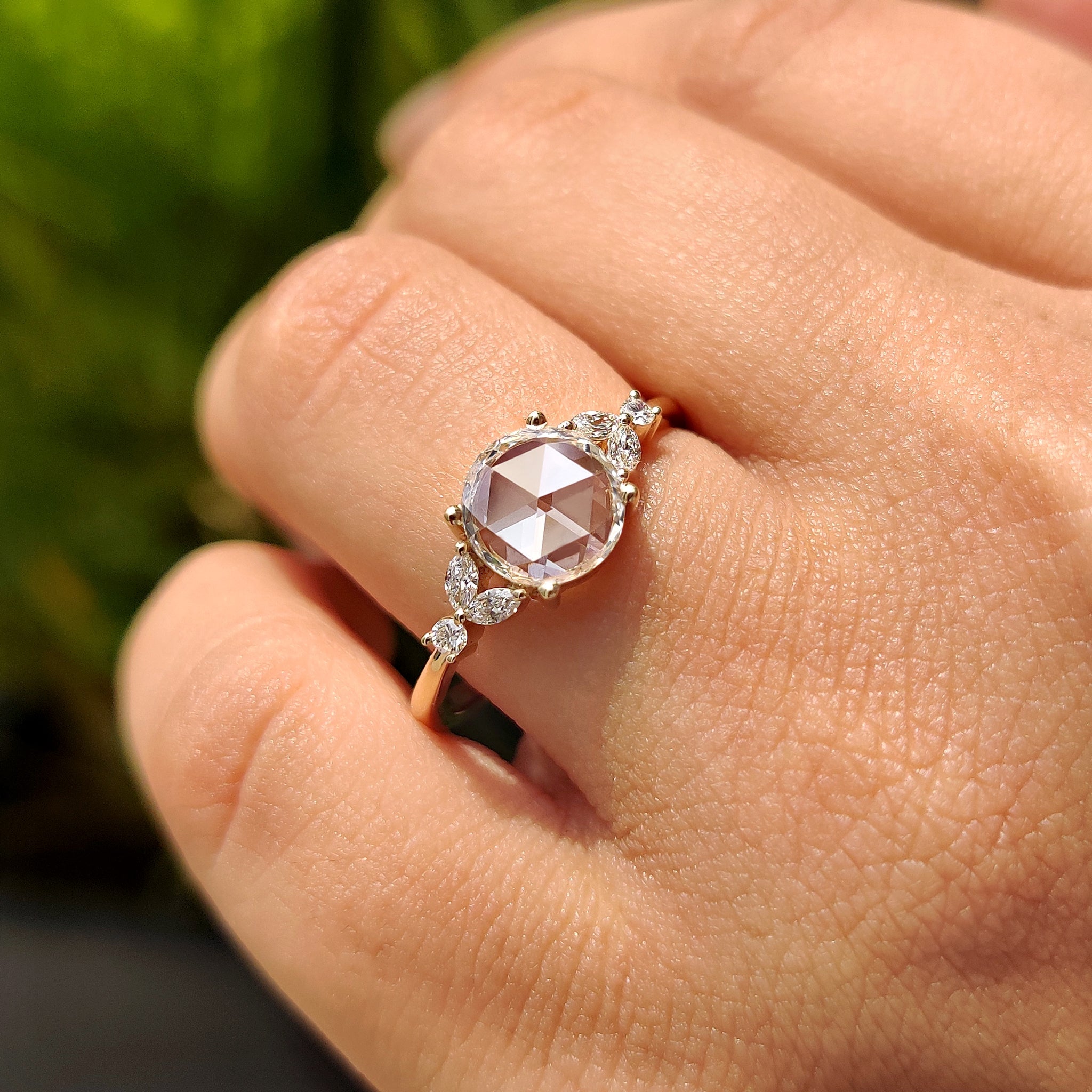 Round Rose Cut Yellow Gold Engagement Ring