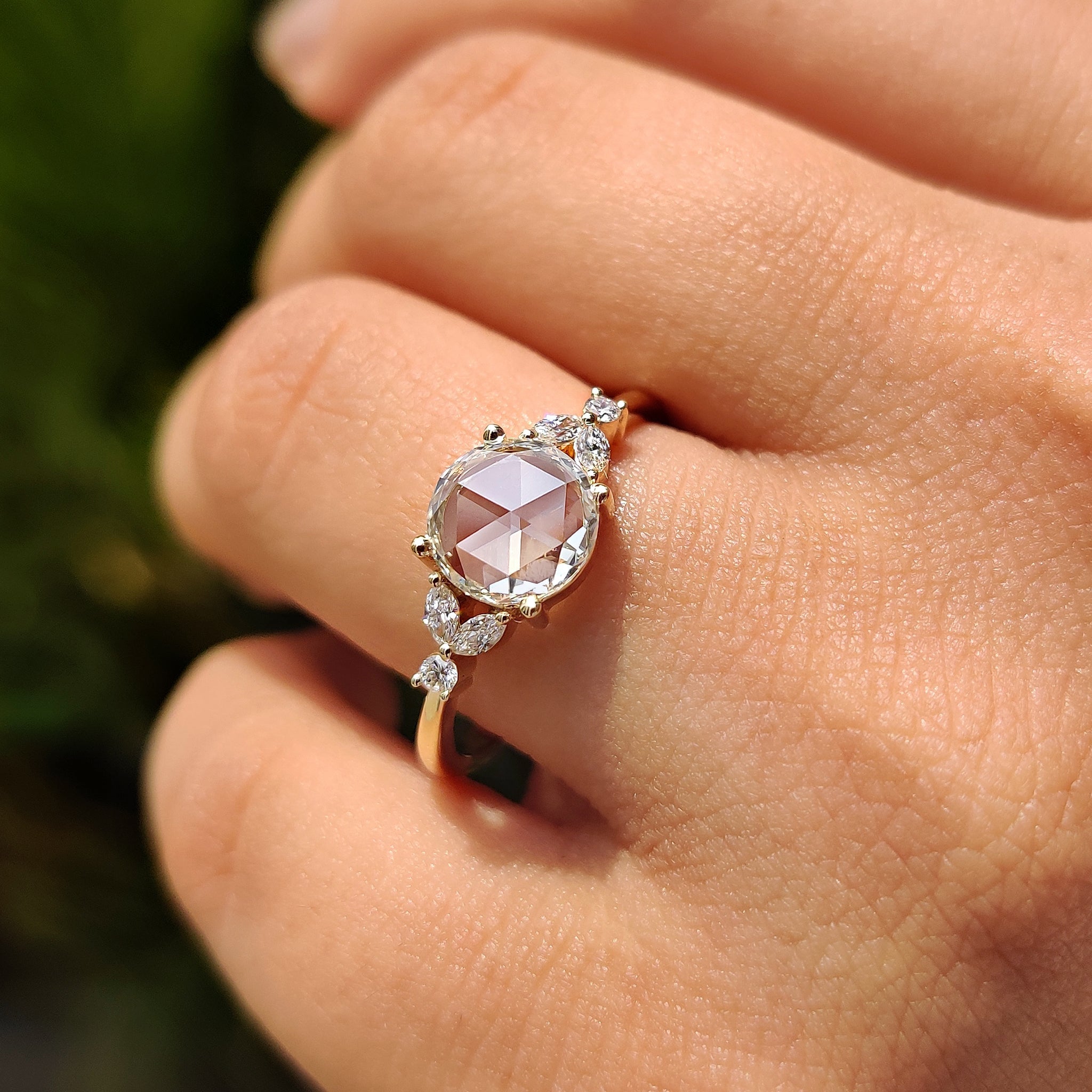 Round Rose Cut Yellow Gold Engagement Ring