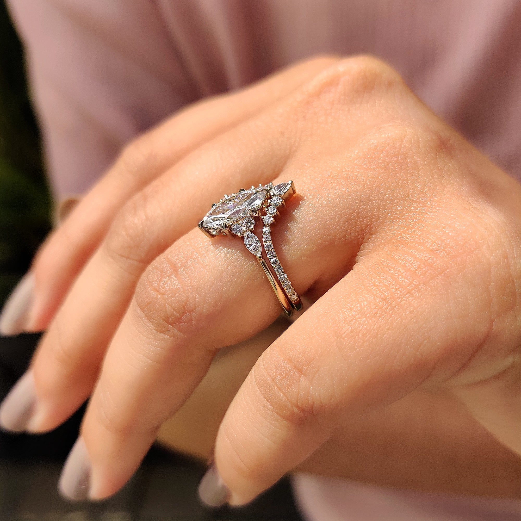 Side Stone Marquise Ring With Wedding Band