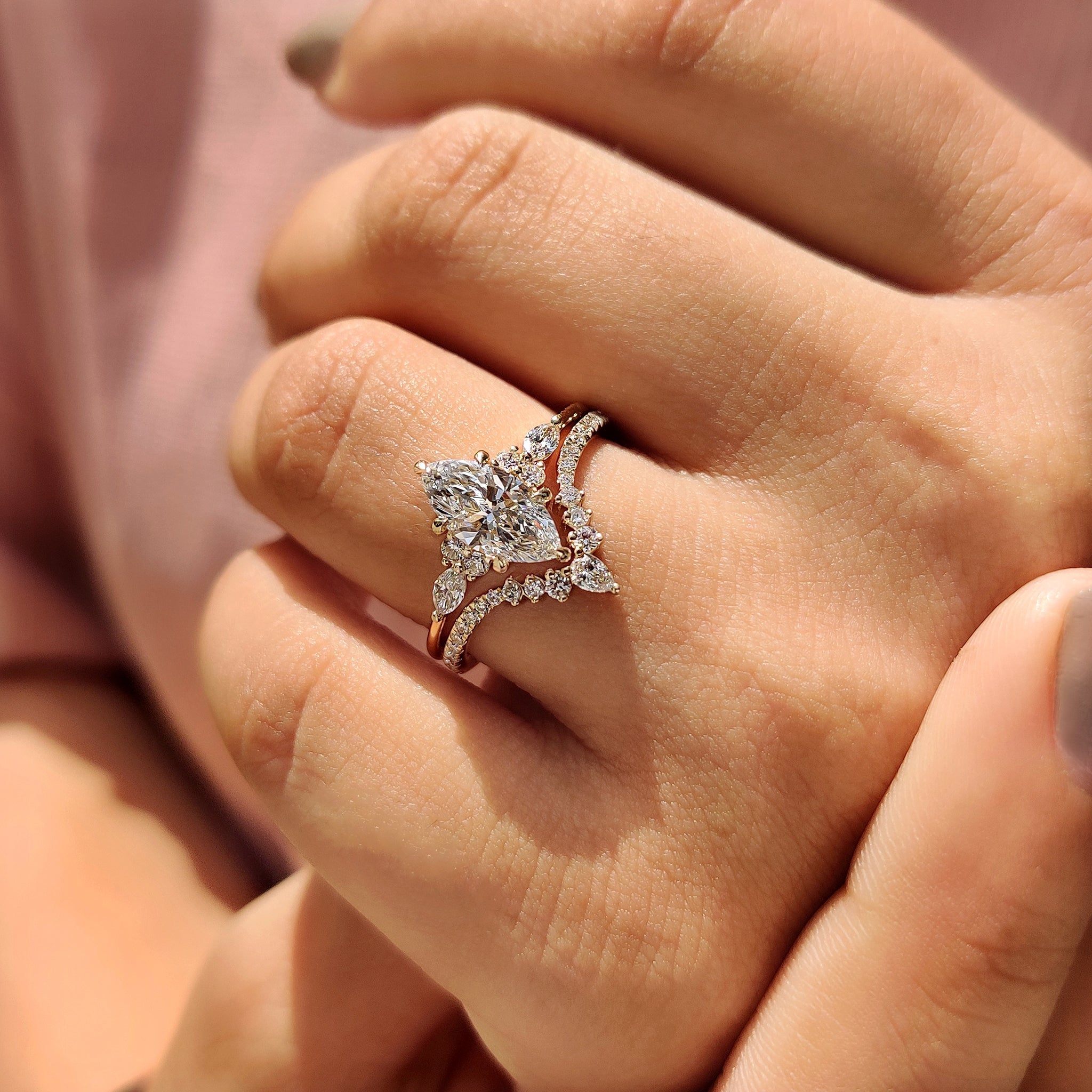 Side Stone Marquise Ring With Wedding Band