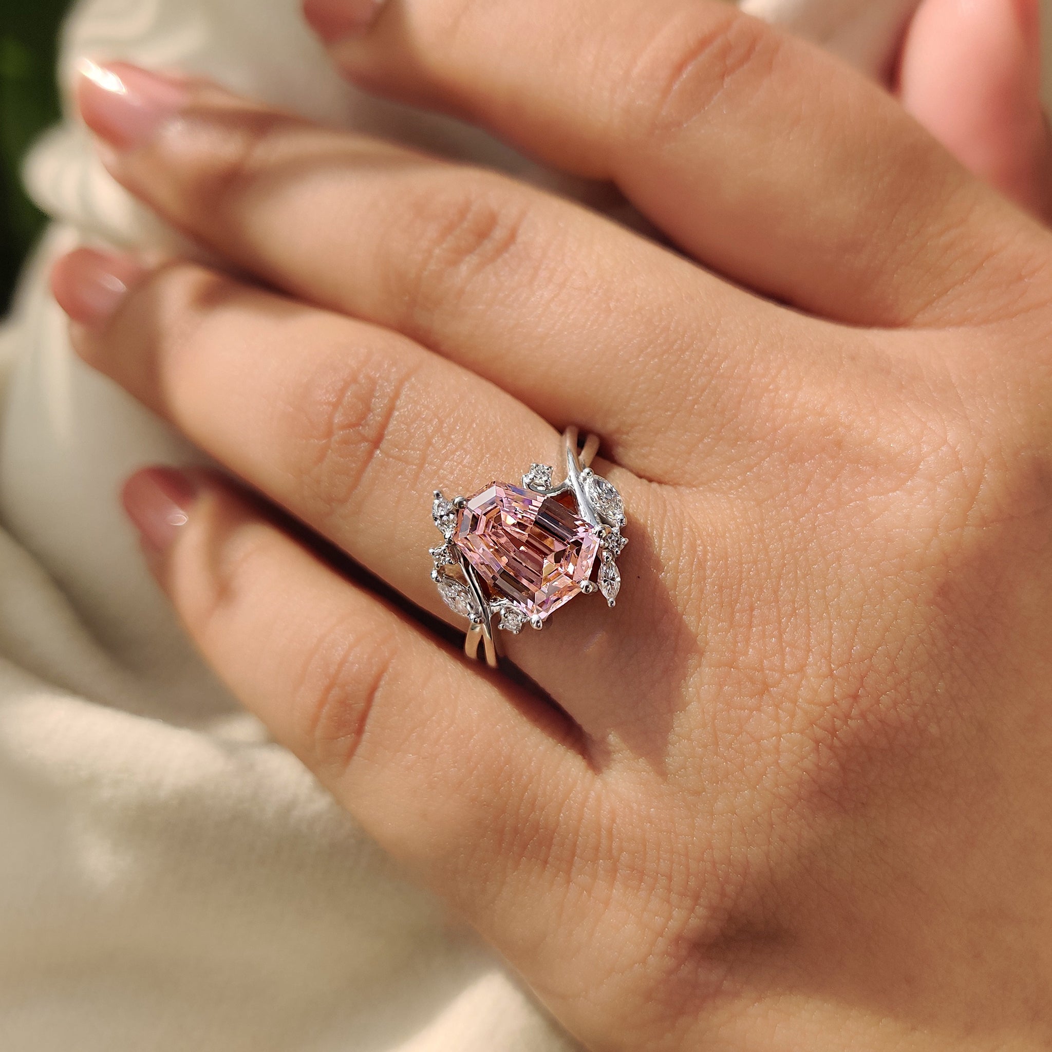 Shield Cut Pink Gemstone Bypass Engagement Ring