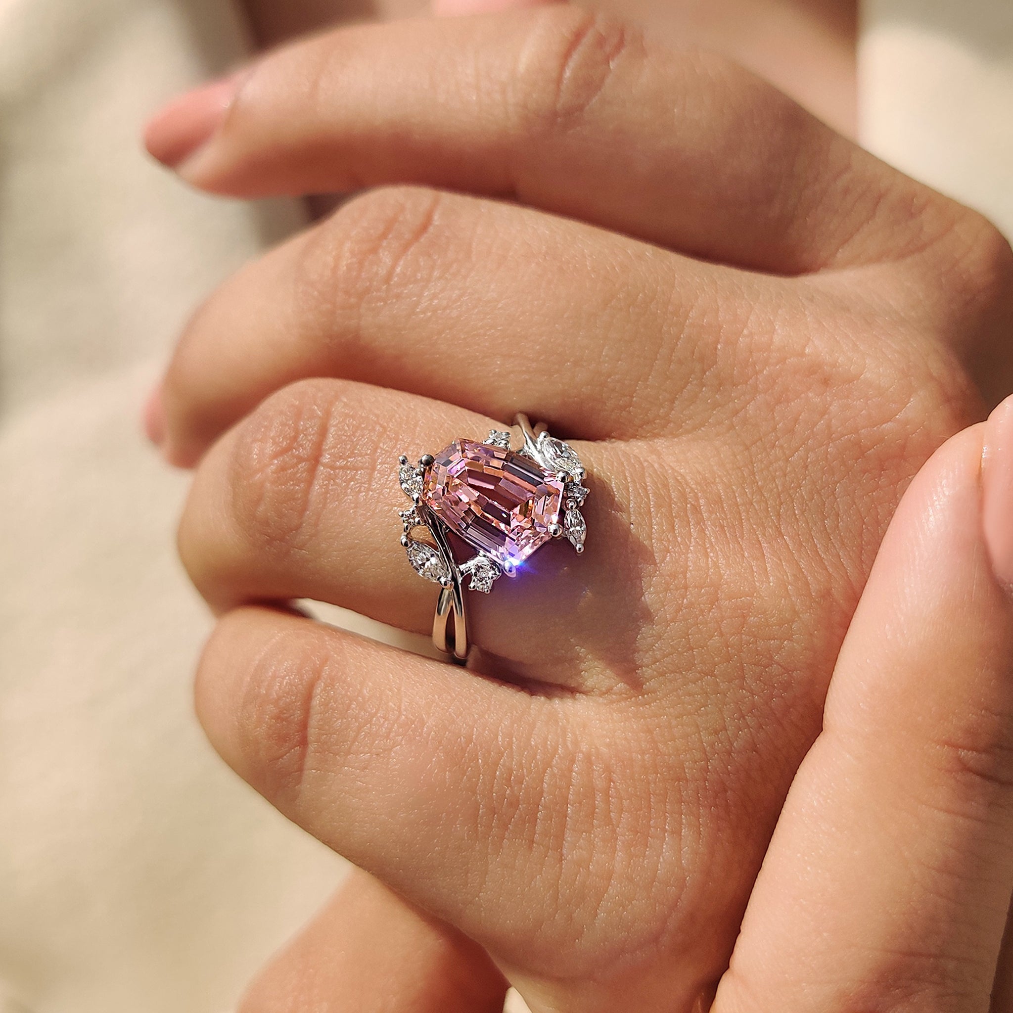 Shield Cut Pink Gemstone Bypass Engagement Ring