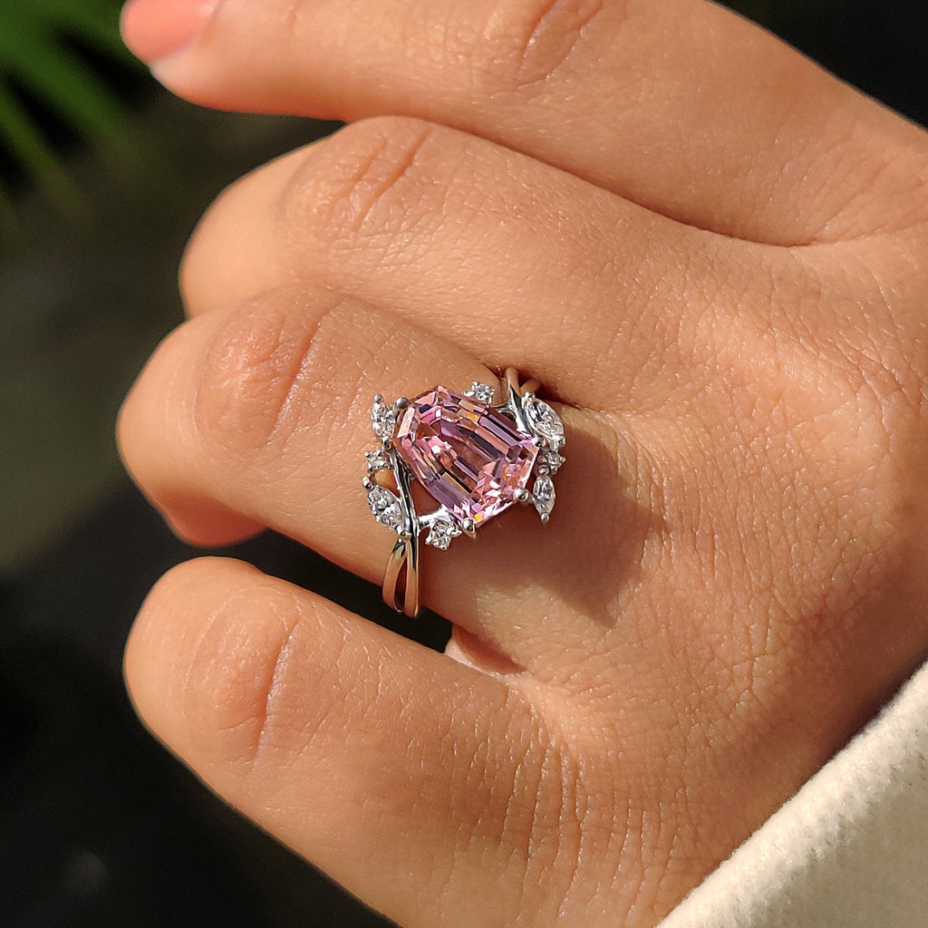 Shield Cut Pink Gemstone Bypass Engagement Ring
