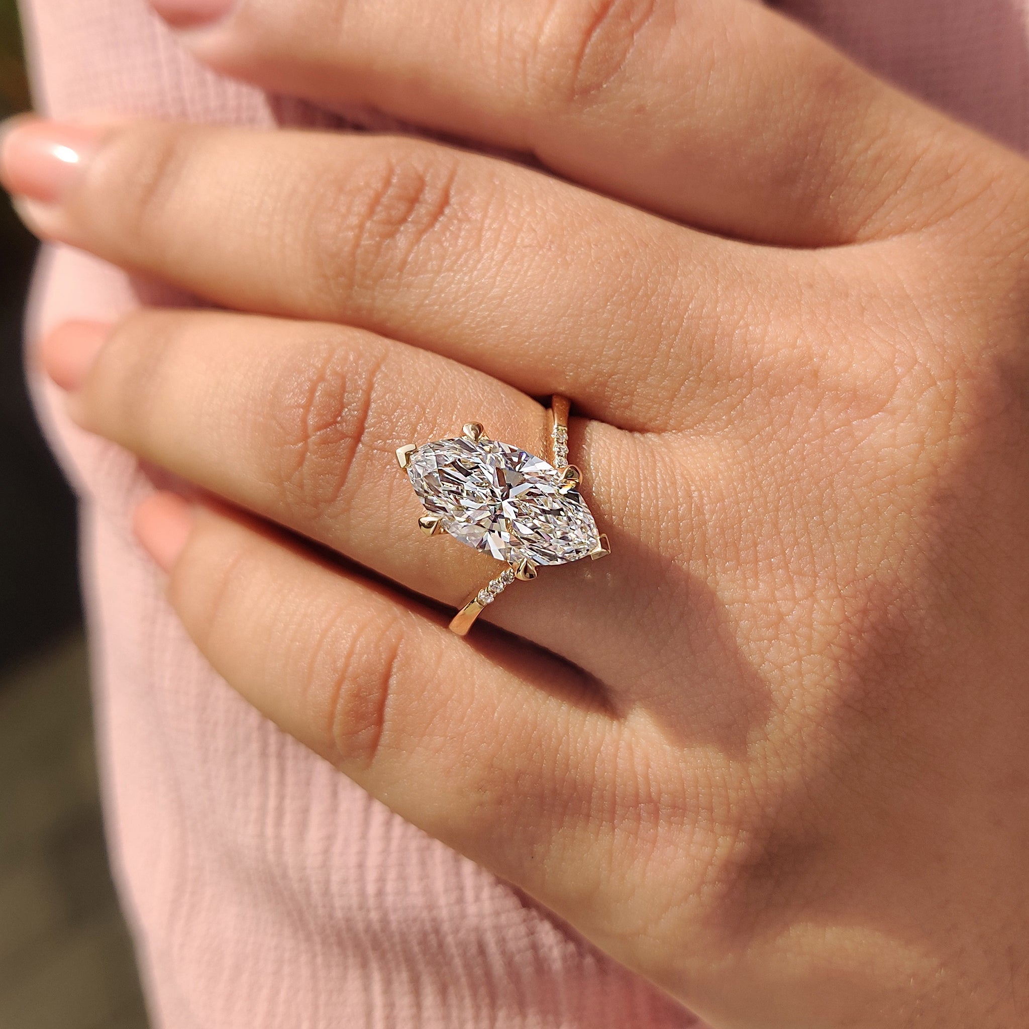 Gold Marquise Engagement Ring With Tapered Shank Band