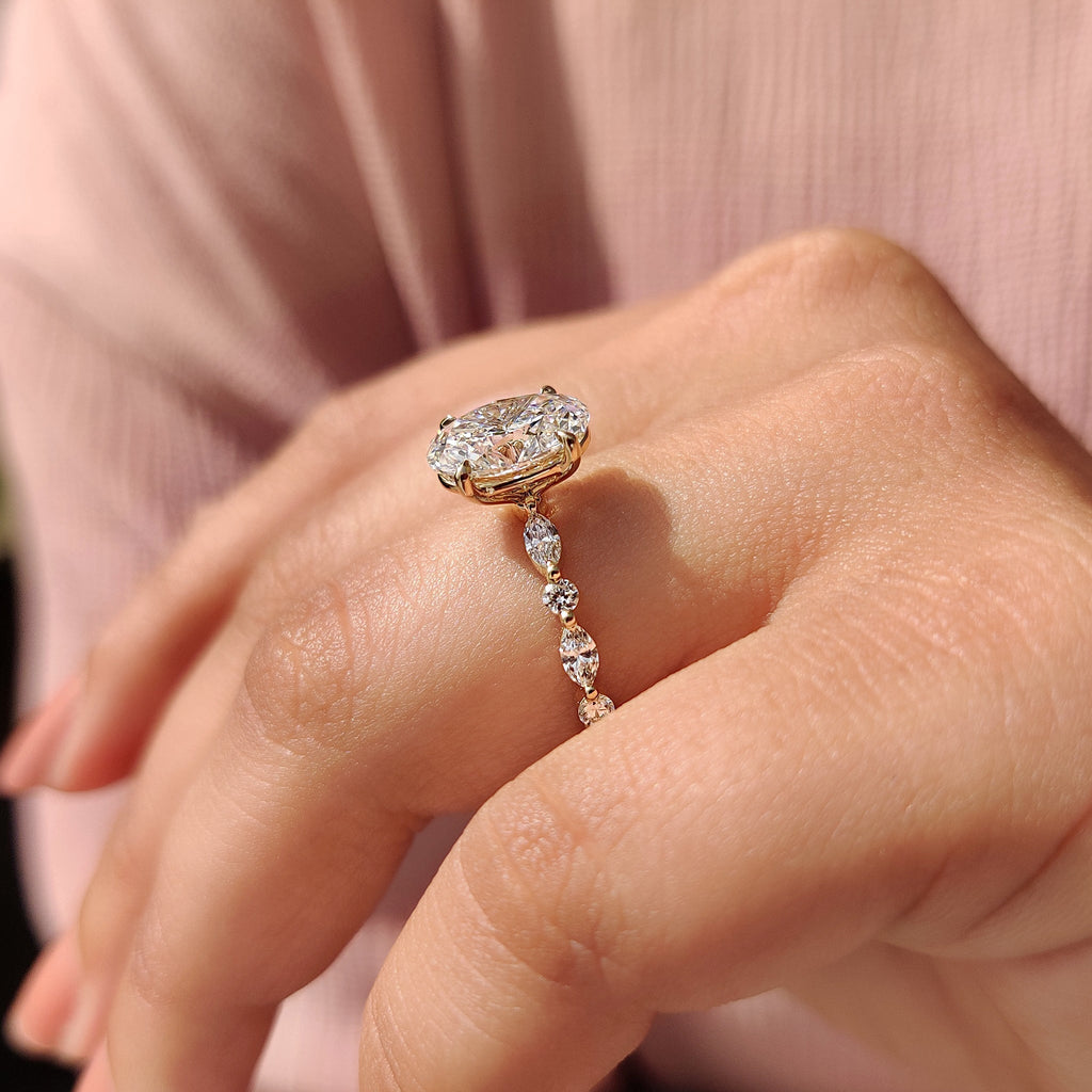 Oval Pave Engagement Ring Featuring Marquise Pave Band