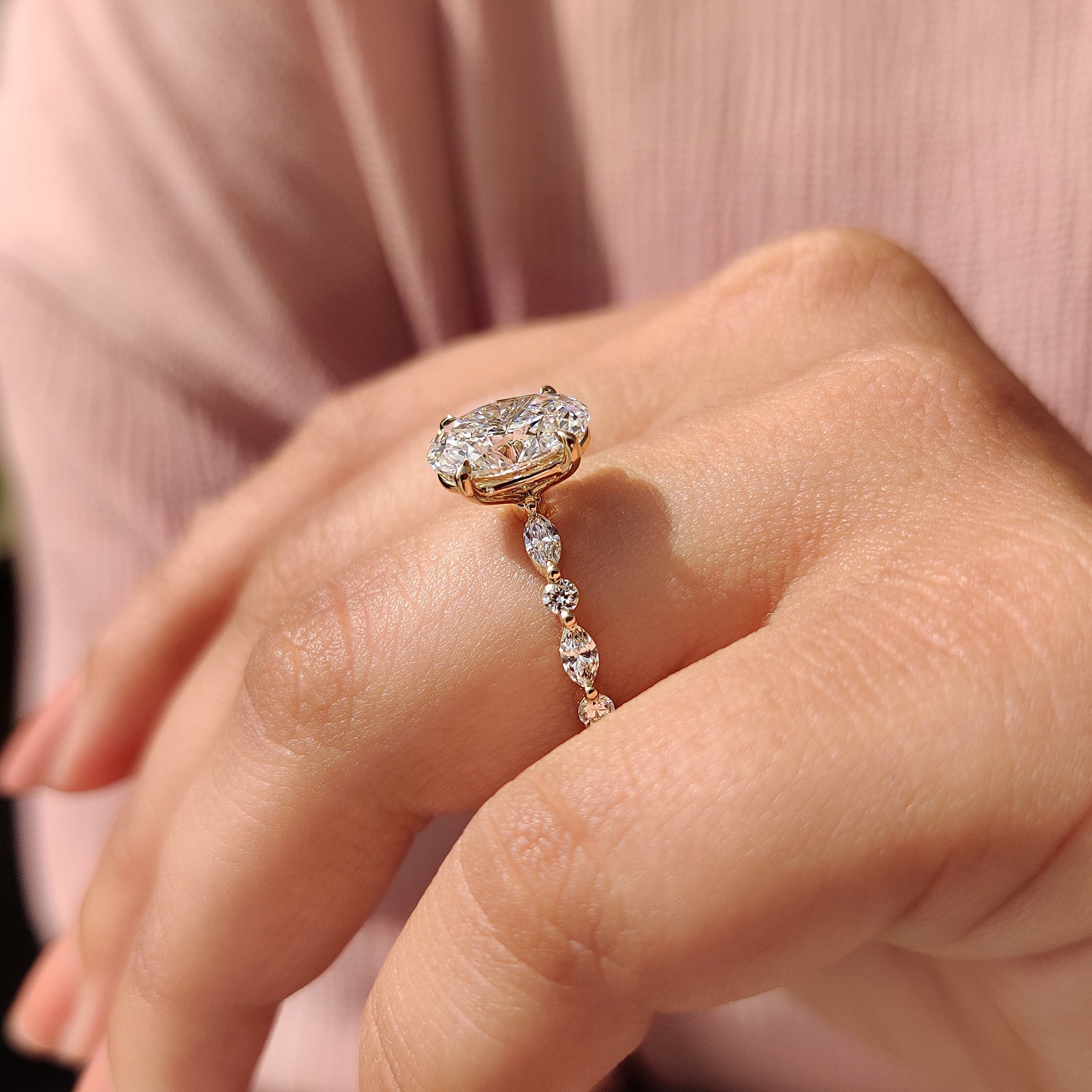 Oval Pave Engagement Ring Featuring Marquise Pave Band