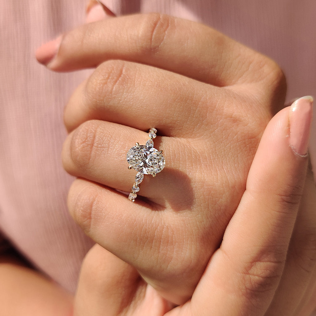 Oval Pave Engagement Ring Featuring Marquise Pave Band