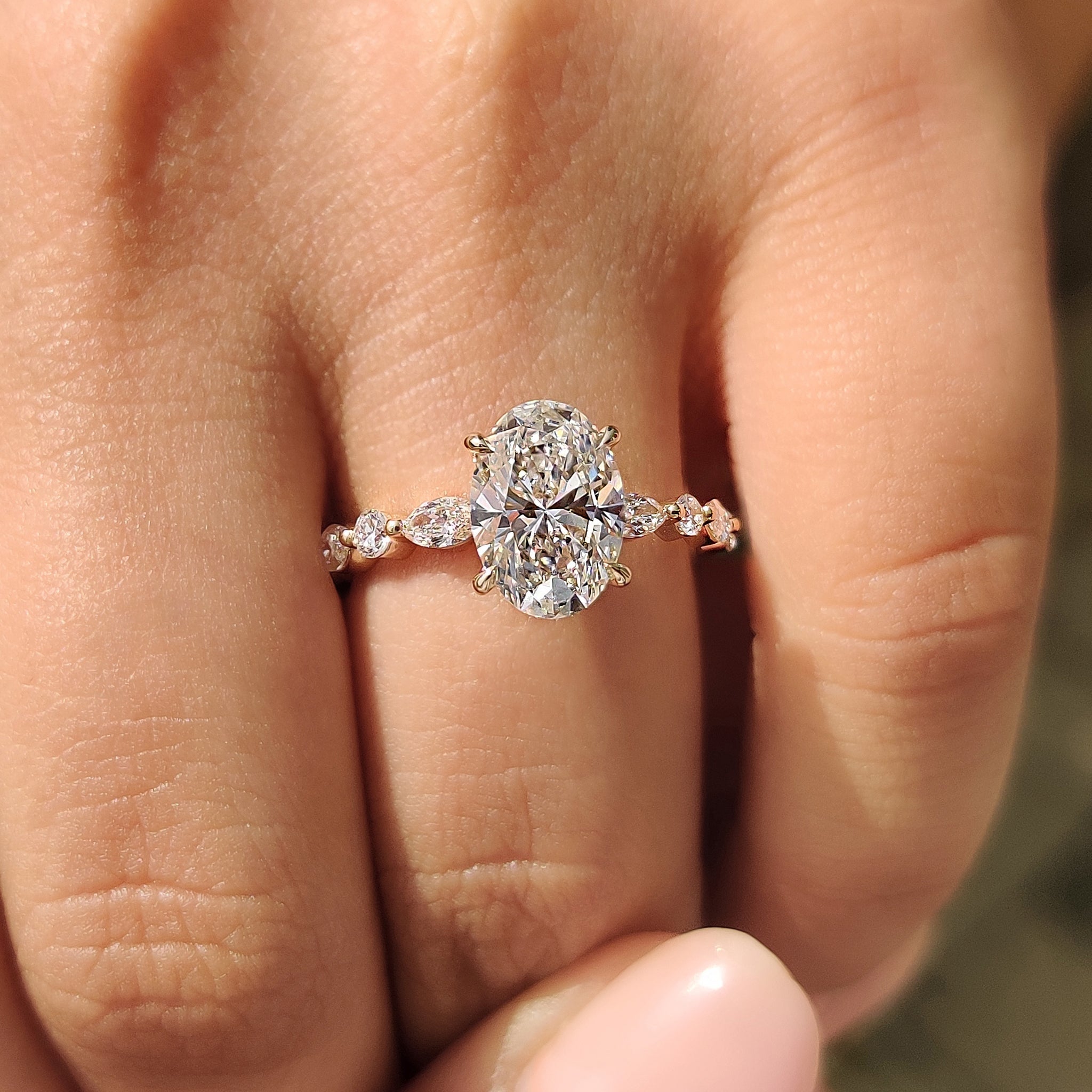 Oval Pave Engagement Ring Featuring Marquise Pave Band