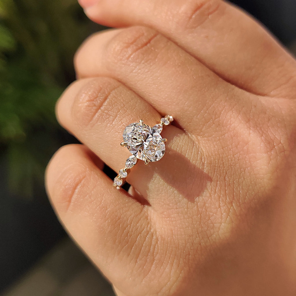 Oval Pave Engagement Ring Featuring Marquise Pave Band
