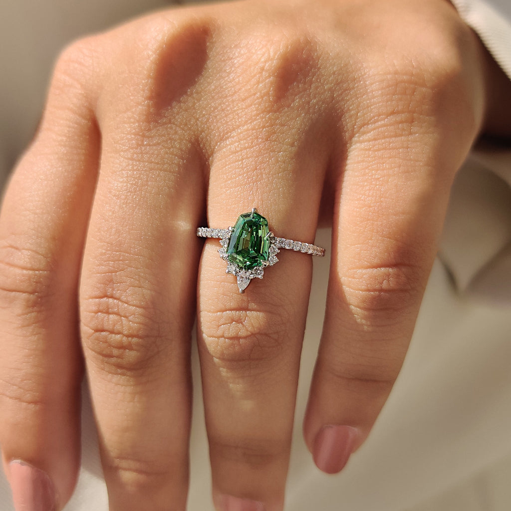 Shield Cut Green Gemstone Ring