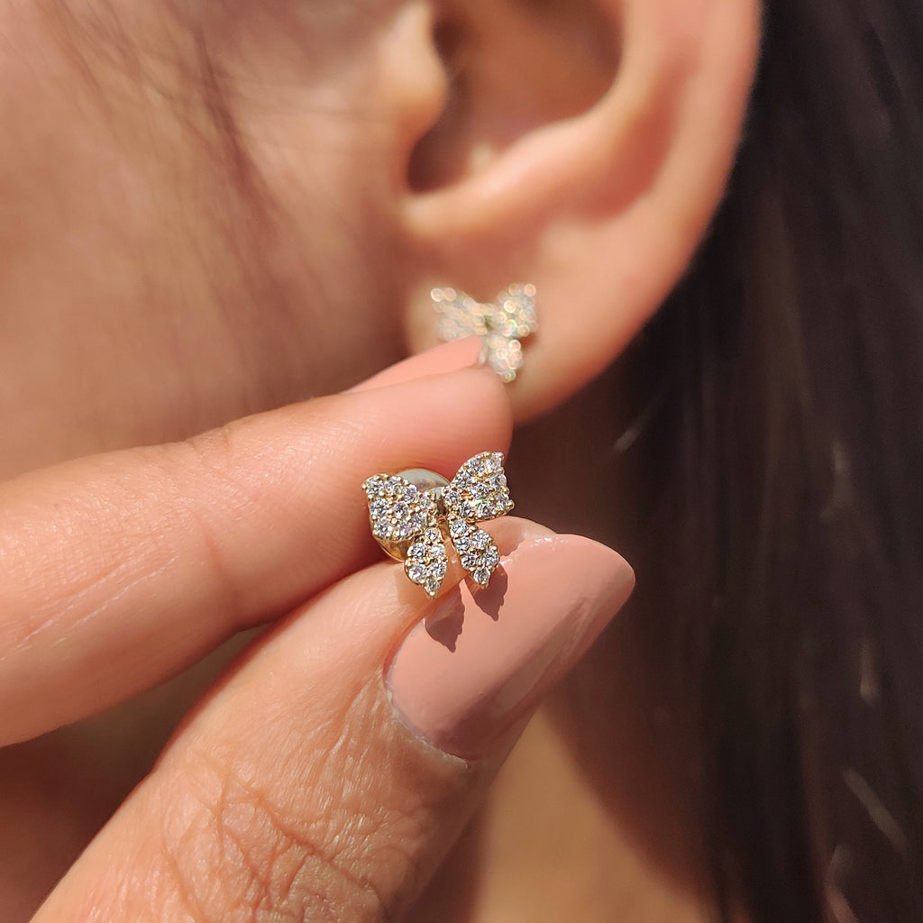 Round Cut Diamond Gold Bow Earrings