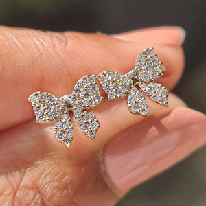Round Cut Diamond Gold Bow Earrings