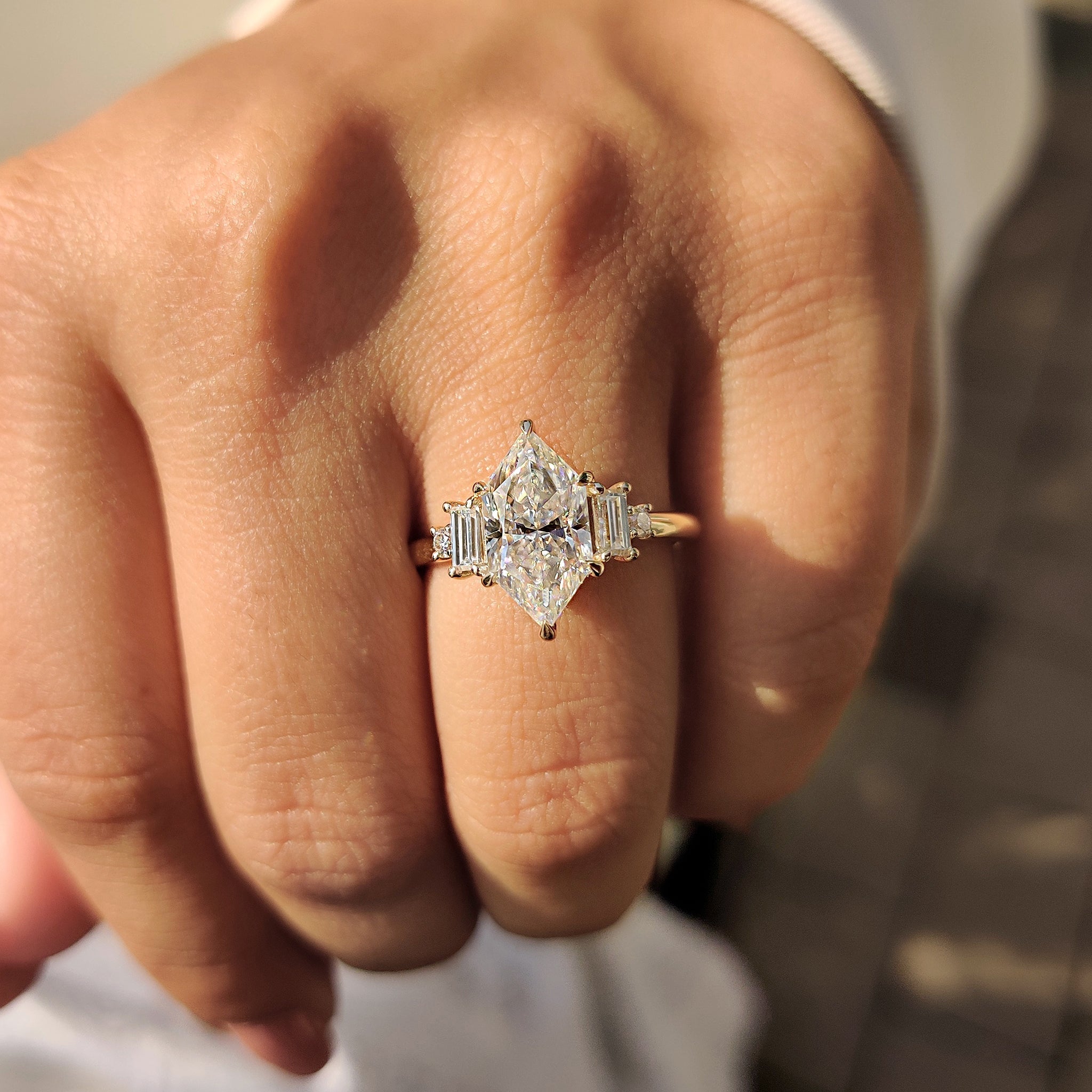 Dutch Marquise Moissanite Ring with Baguette Side Stone