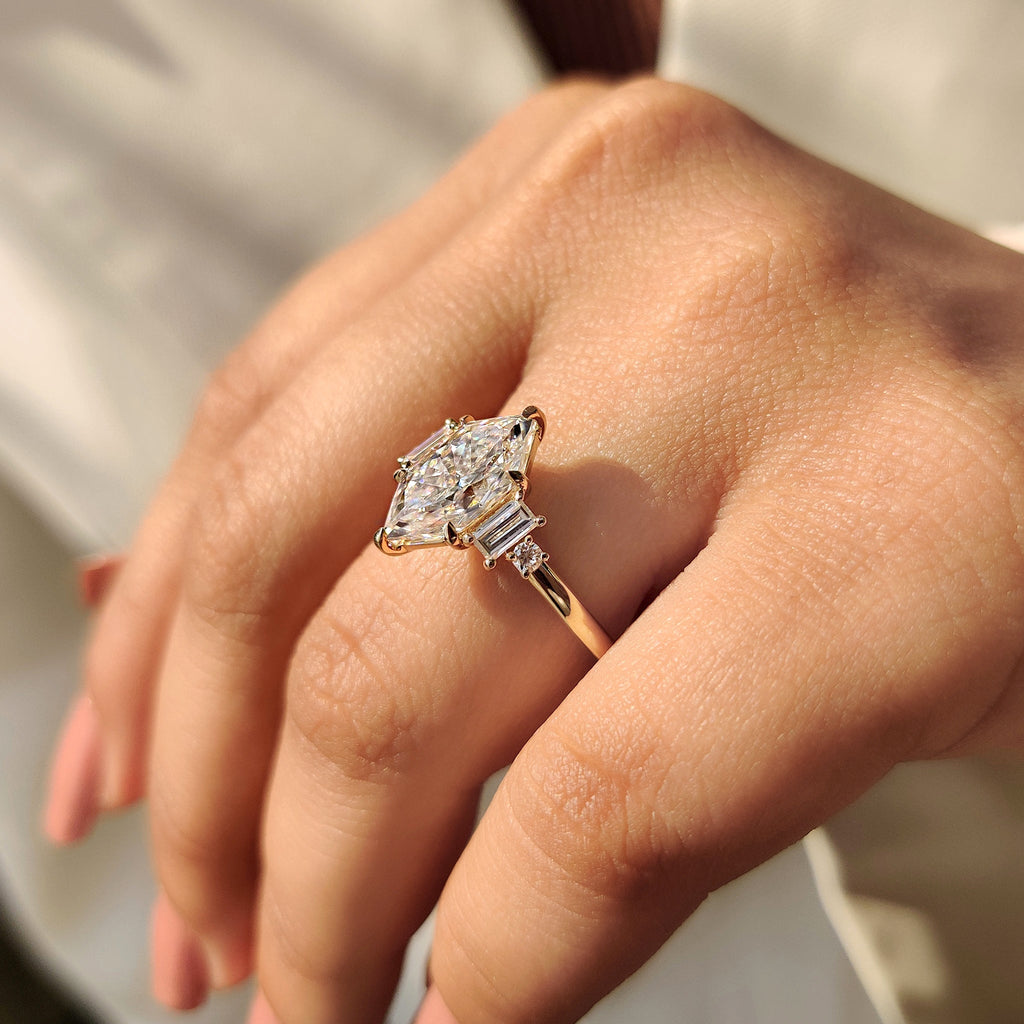 Dutch Marquise Moissanite Ring with Baguette Side Stone