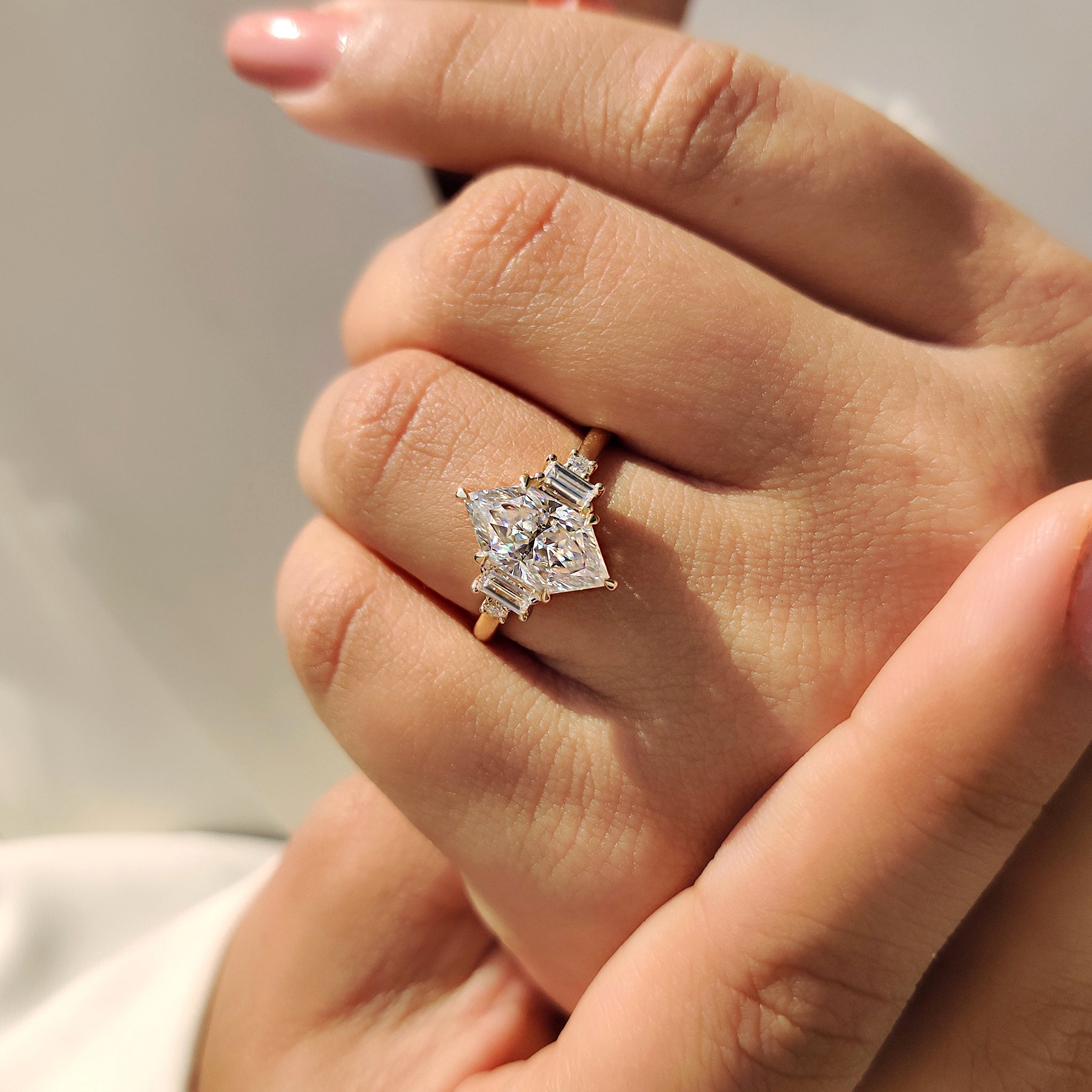 Dutch Marquise Moissanite Ring with Baguette Side Stone