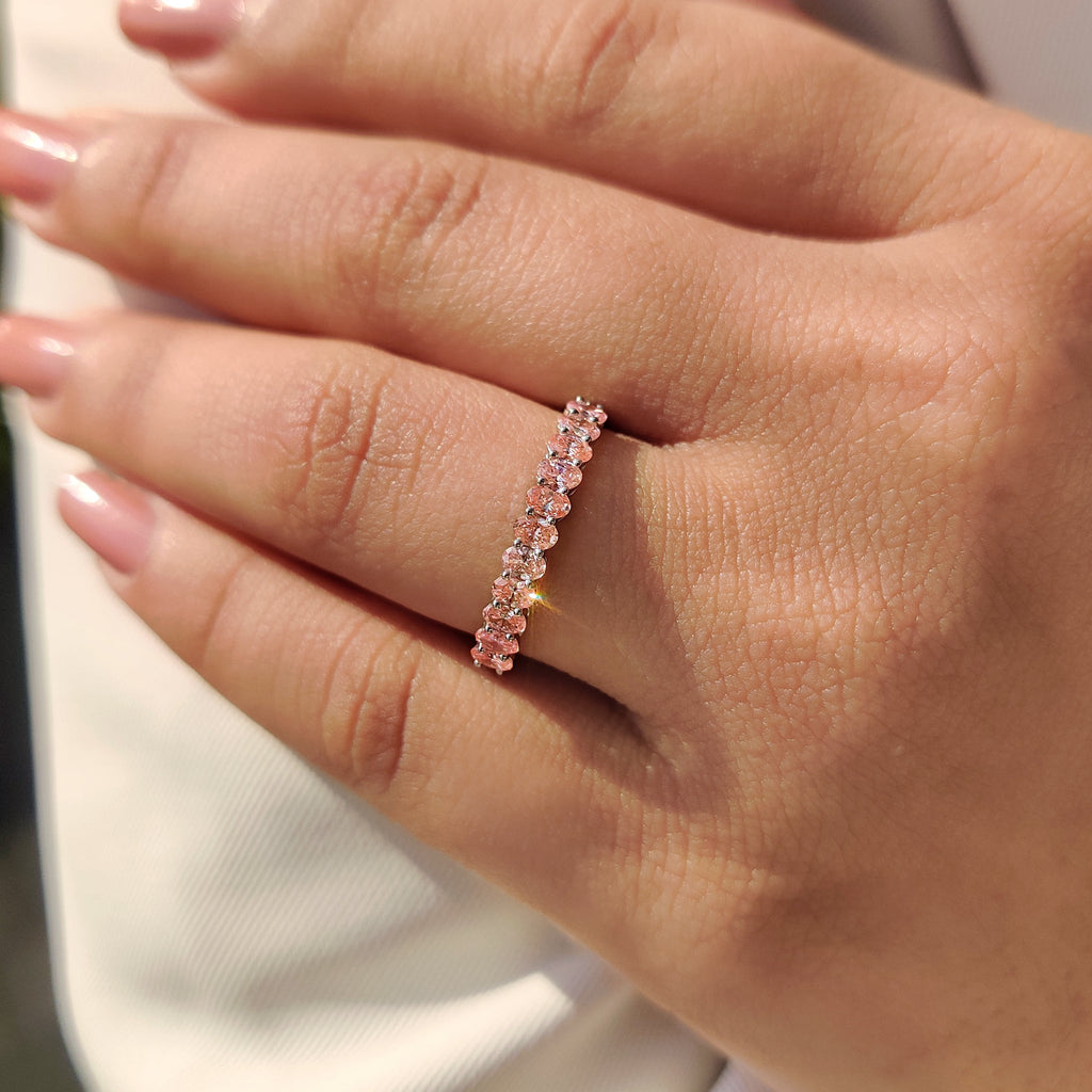 Oval Cut Pink Diamond Wedding Band In Half Eternity Style