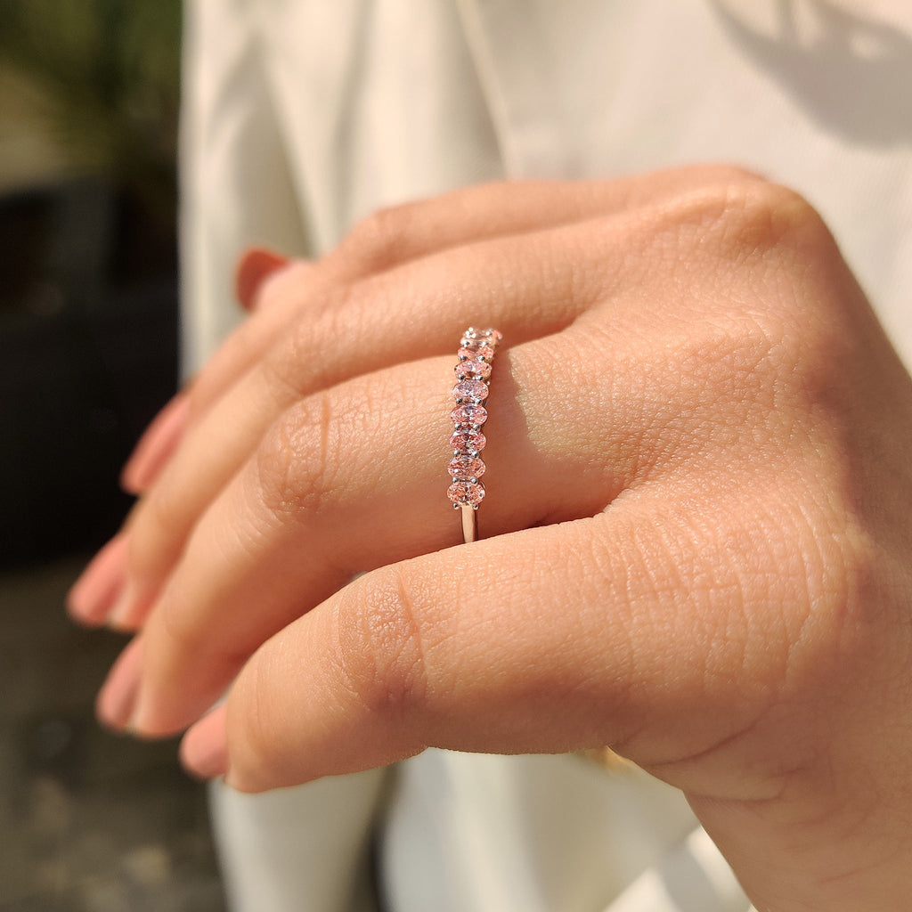 Oval Cut Pink Diamond Wedding Band In Half Eternity Style