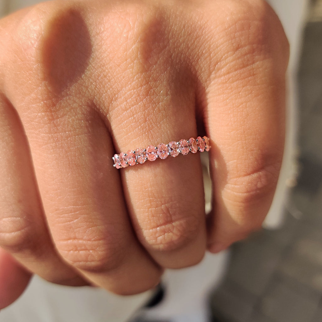 Oval Cut Pink Diamond Wedding Band In Half Eternity Style