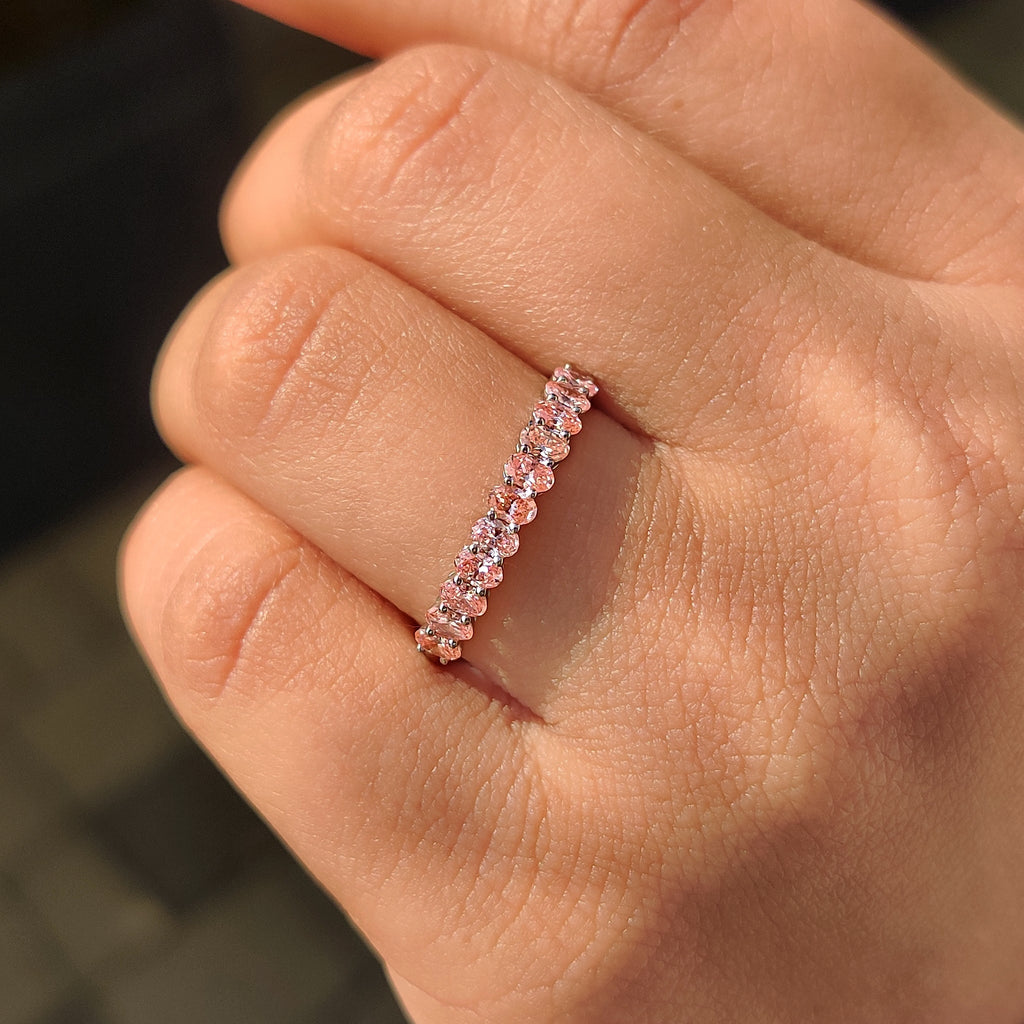 Oval Cut Pink Diamond Wedding Band In Half Eternity Style