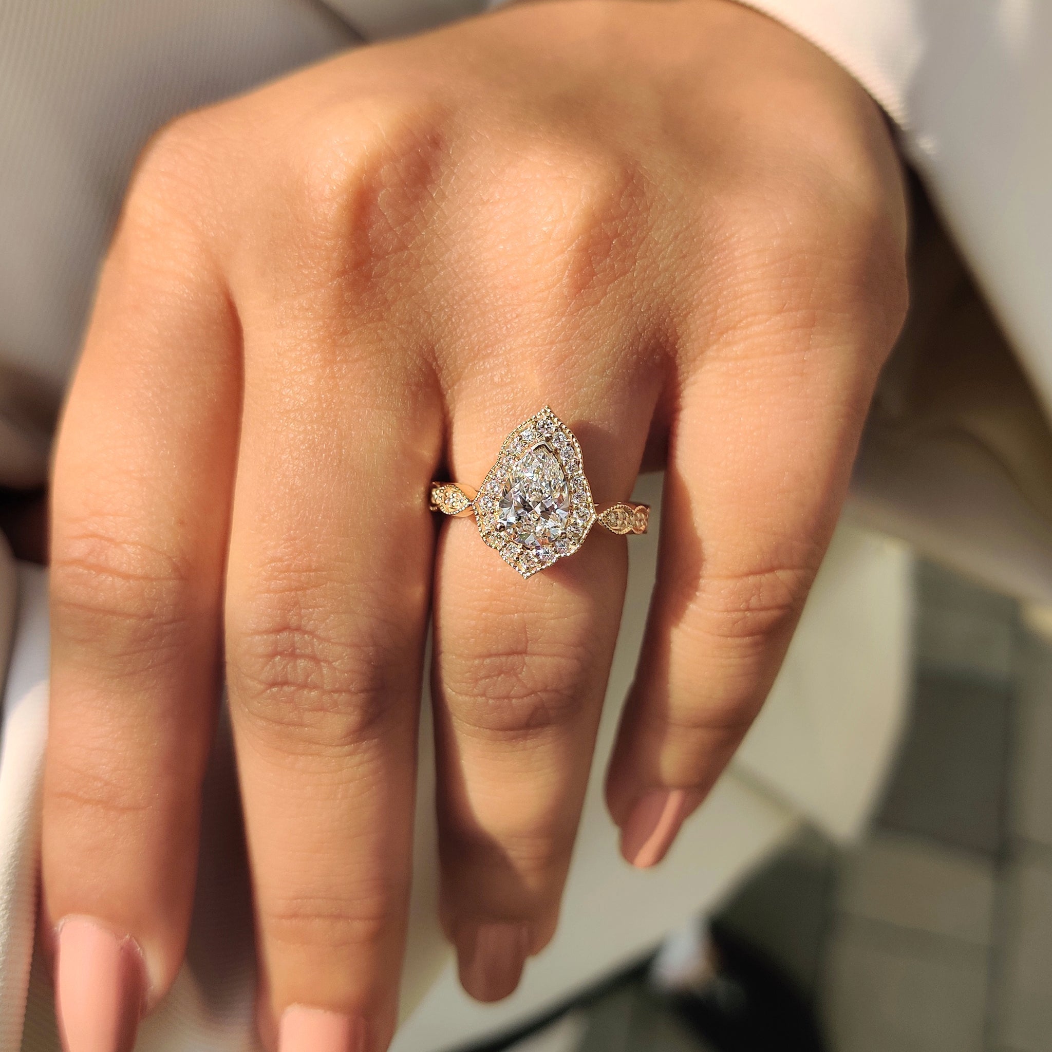 Pear Cut Vintage Diamond Engagement Ring in Halo Setting