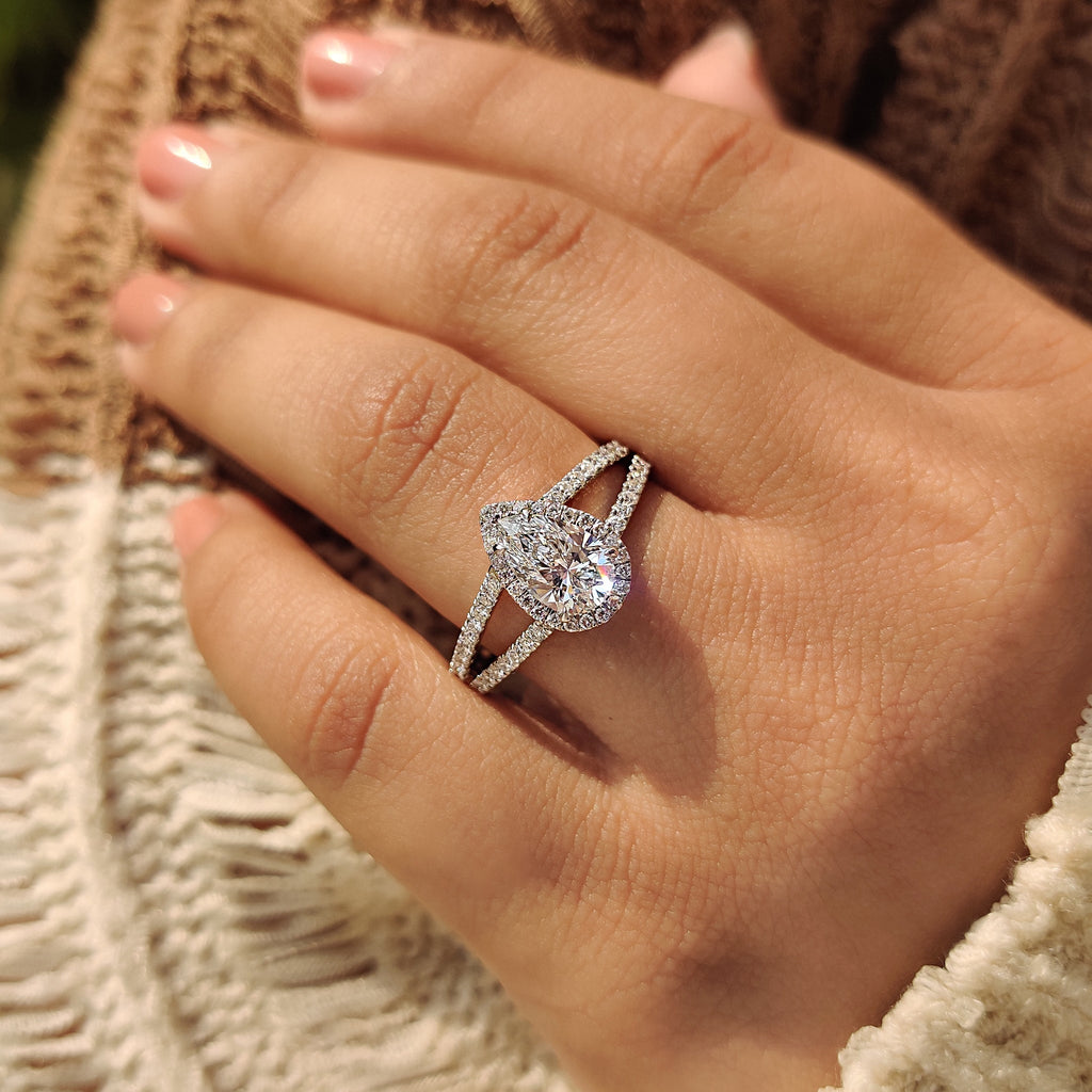 Pear Cut Split Shank Diamond Ring With Cathedral Setting