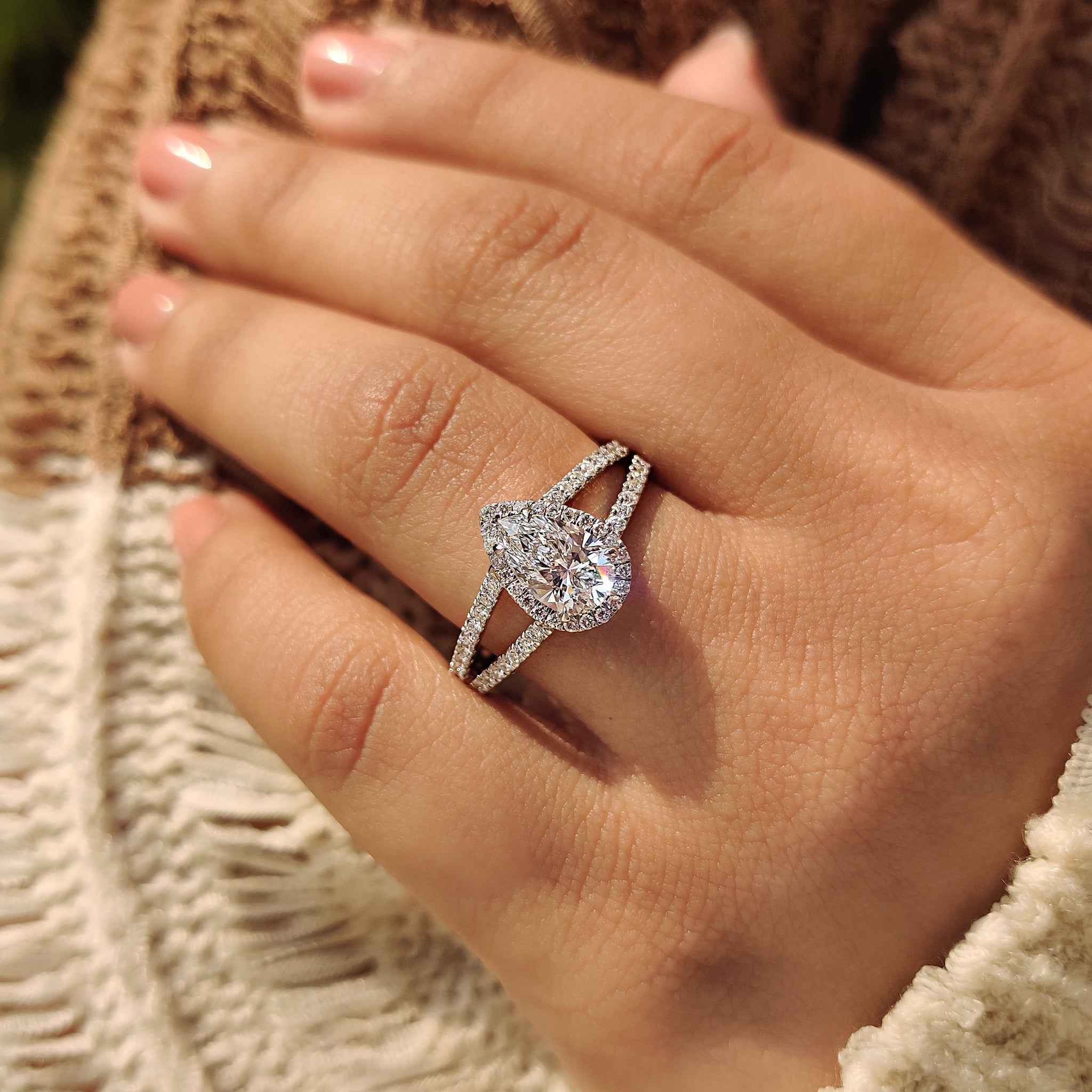 Pear Cut Split Shank Diamond Ring With Cathedral Setting
