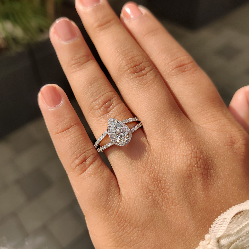 Pear Cut Split Shank Diamond Ring With Cathedral Setting