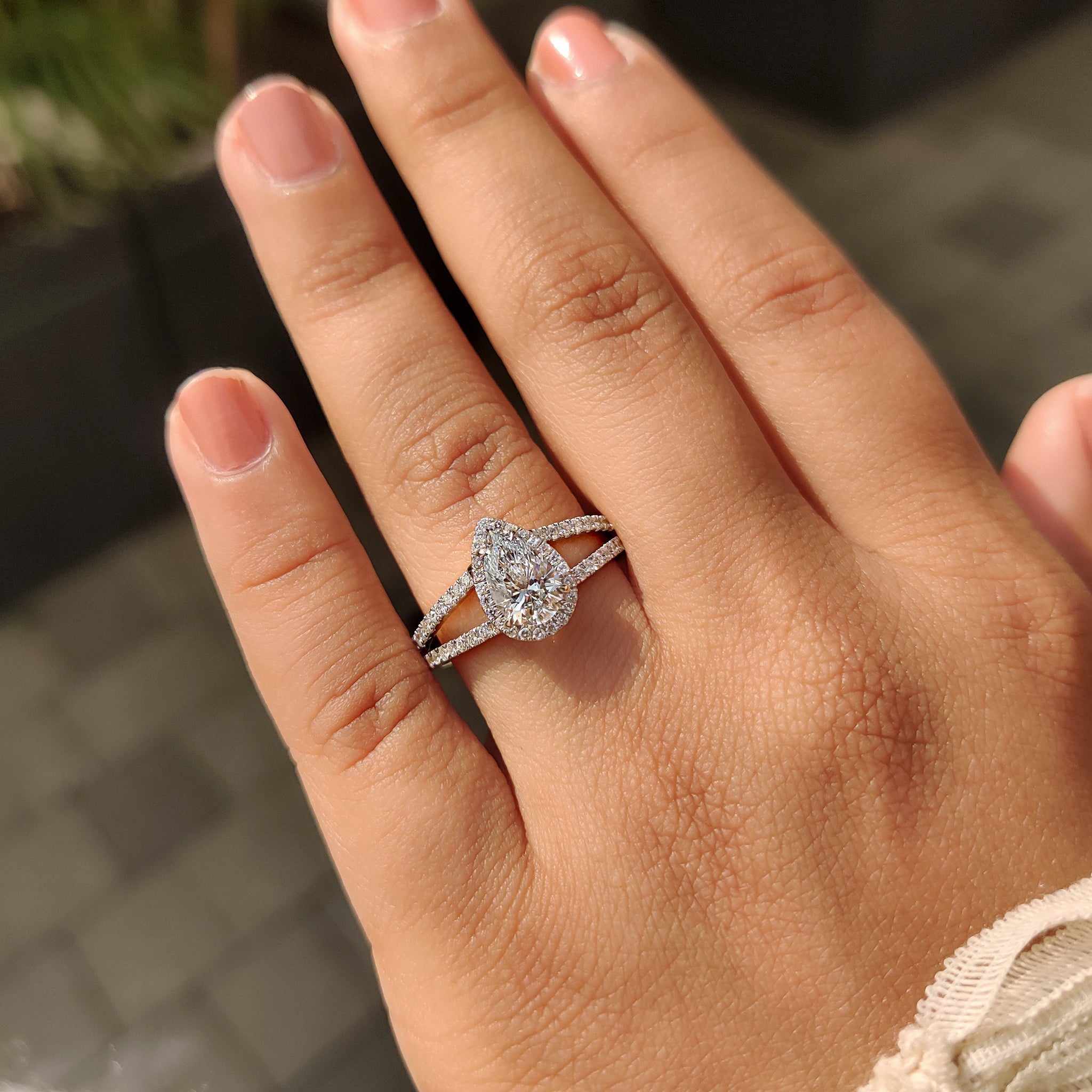 Pear Cut Split Shank Diamond Ring With Cathedral Setting