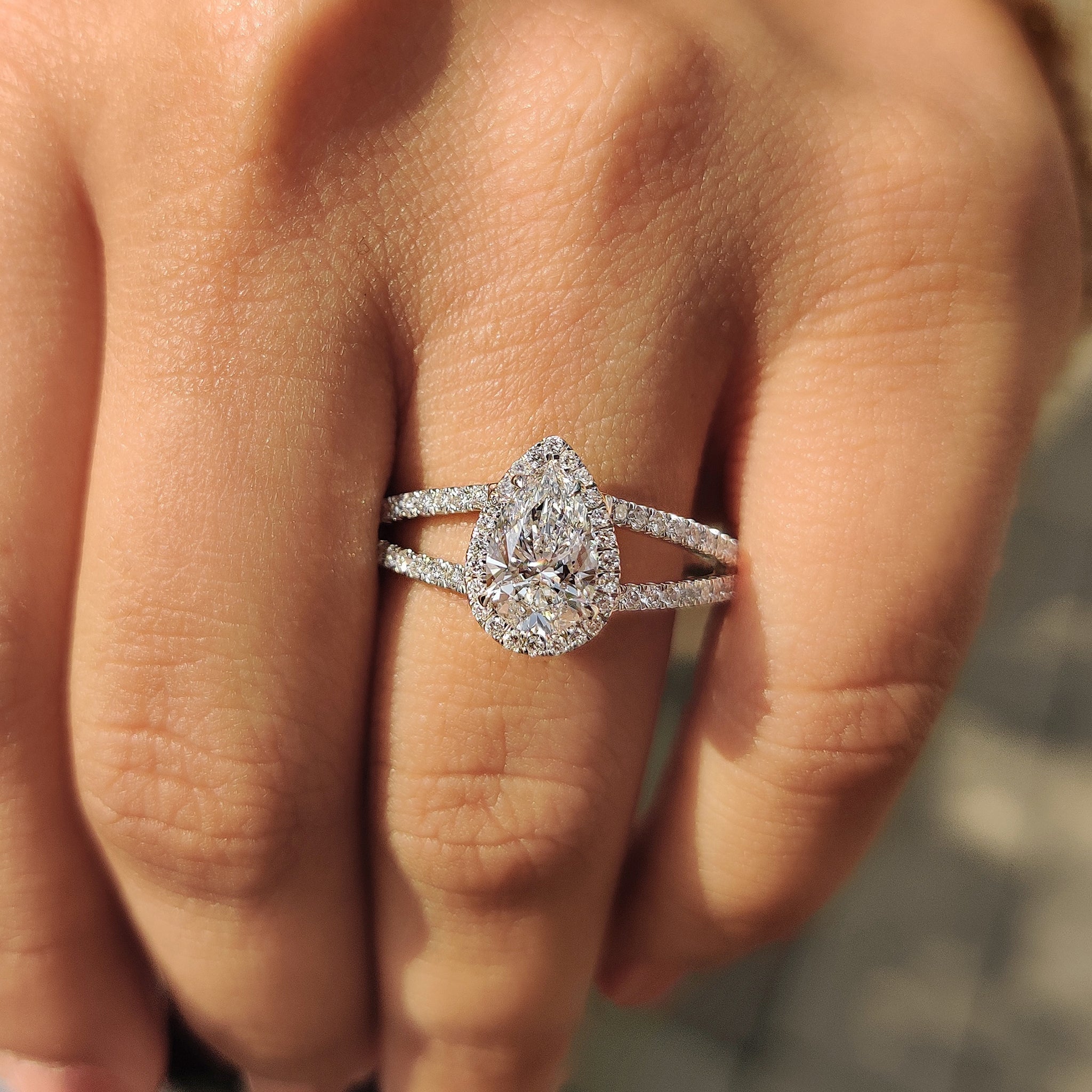 Pear Cut Split Shank Diamond Ring With Cathedral Setting
