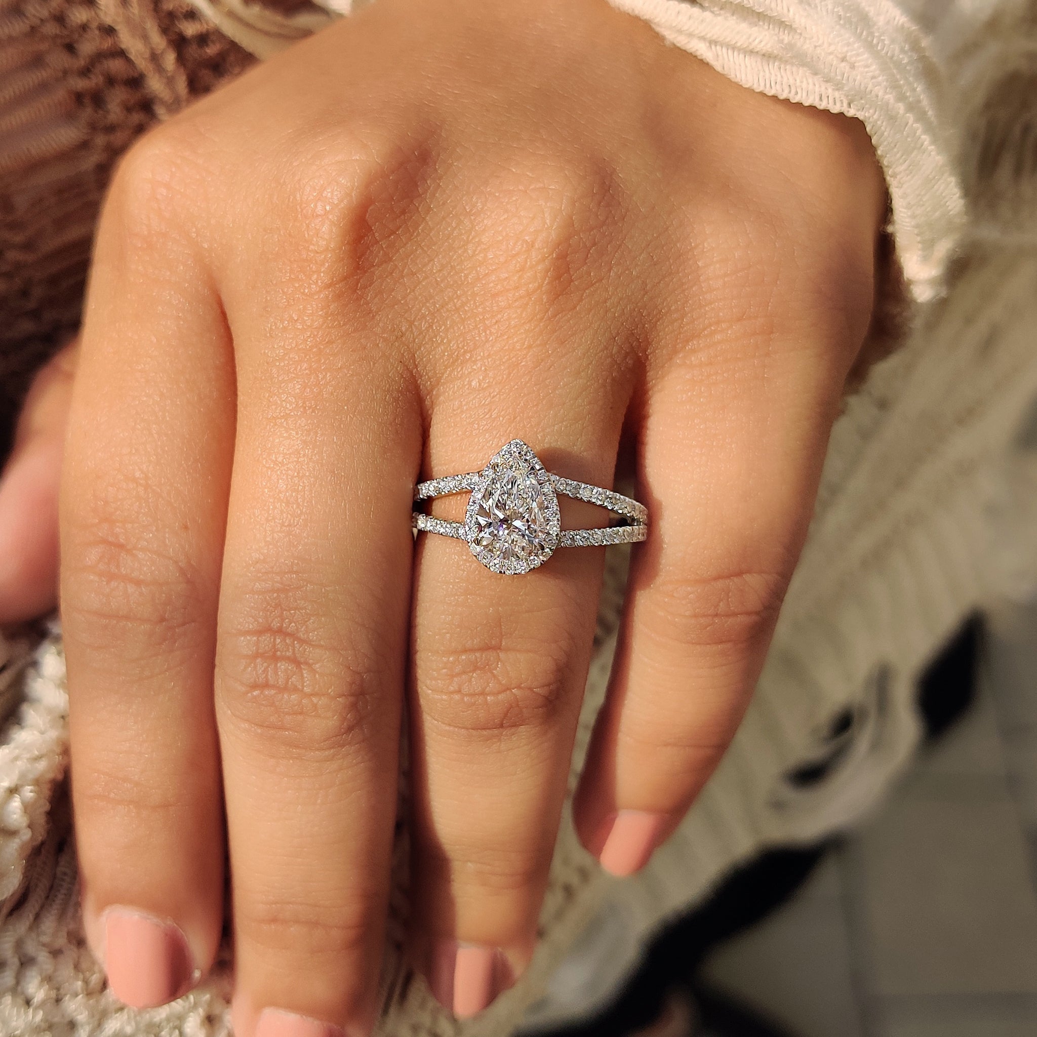 Pear Cut Split Shank Diamond Ring With Cathedral Setting