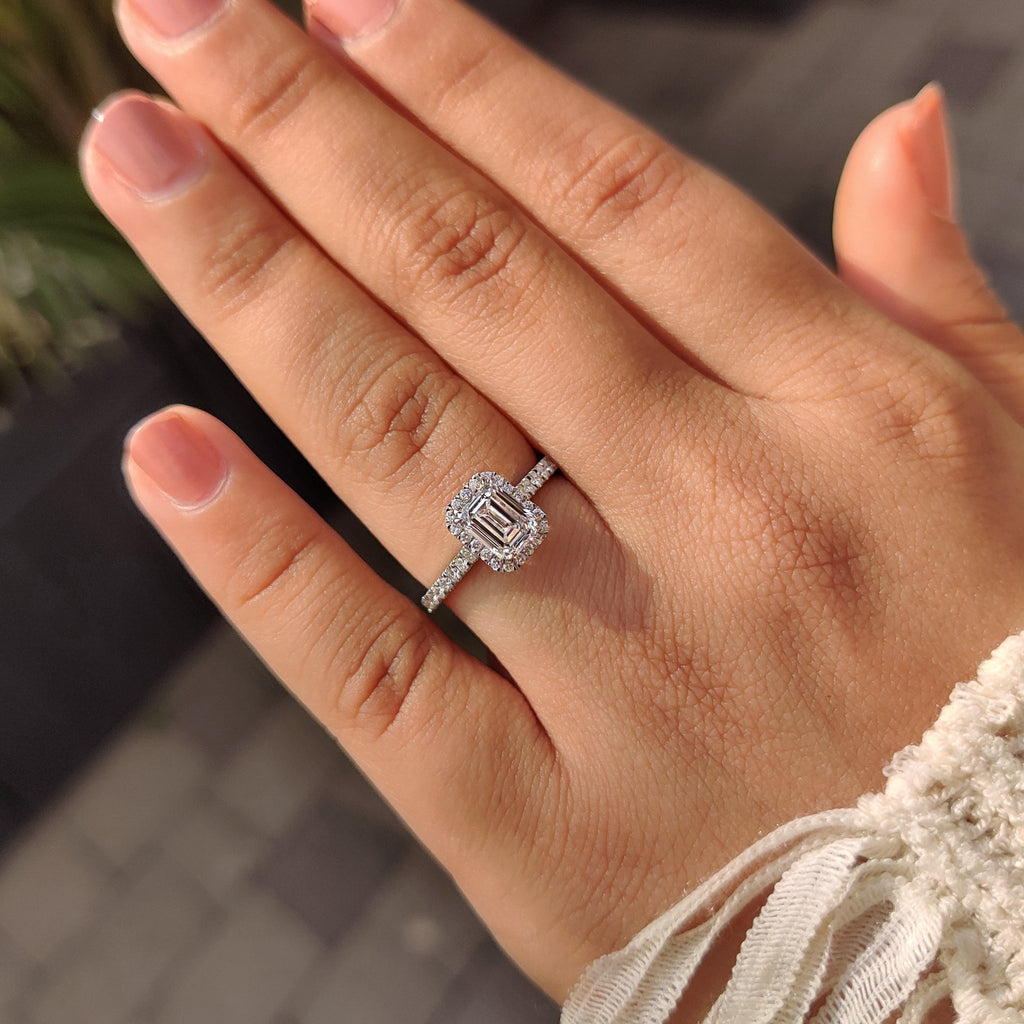 Emerald Halo Engagement Ring with Peekaboo Diamond