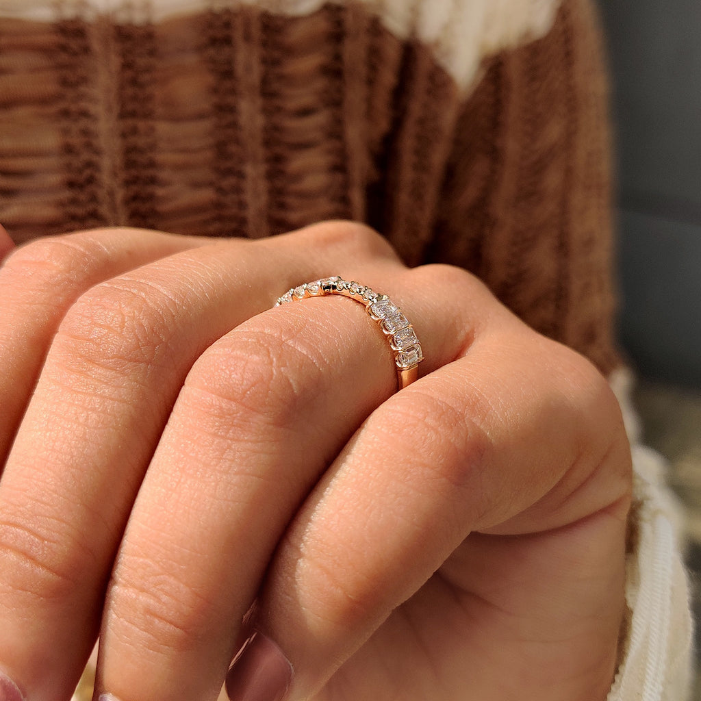 Half Eternity Emerald and Round Diamond Stackable Wedding Band