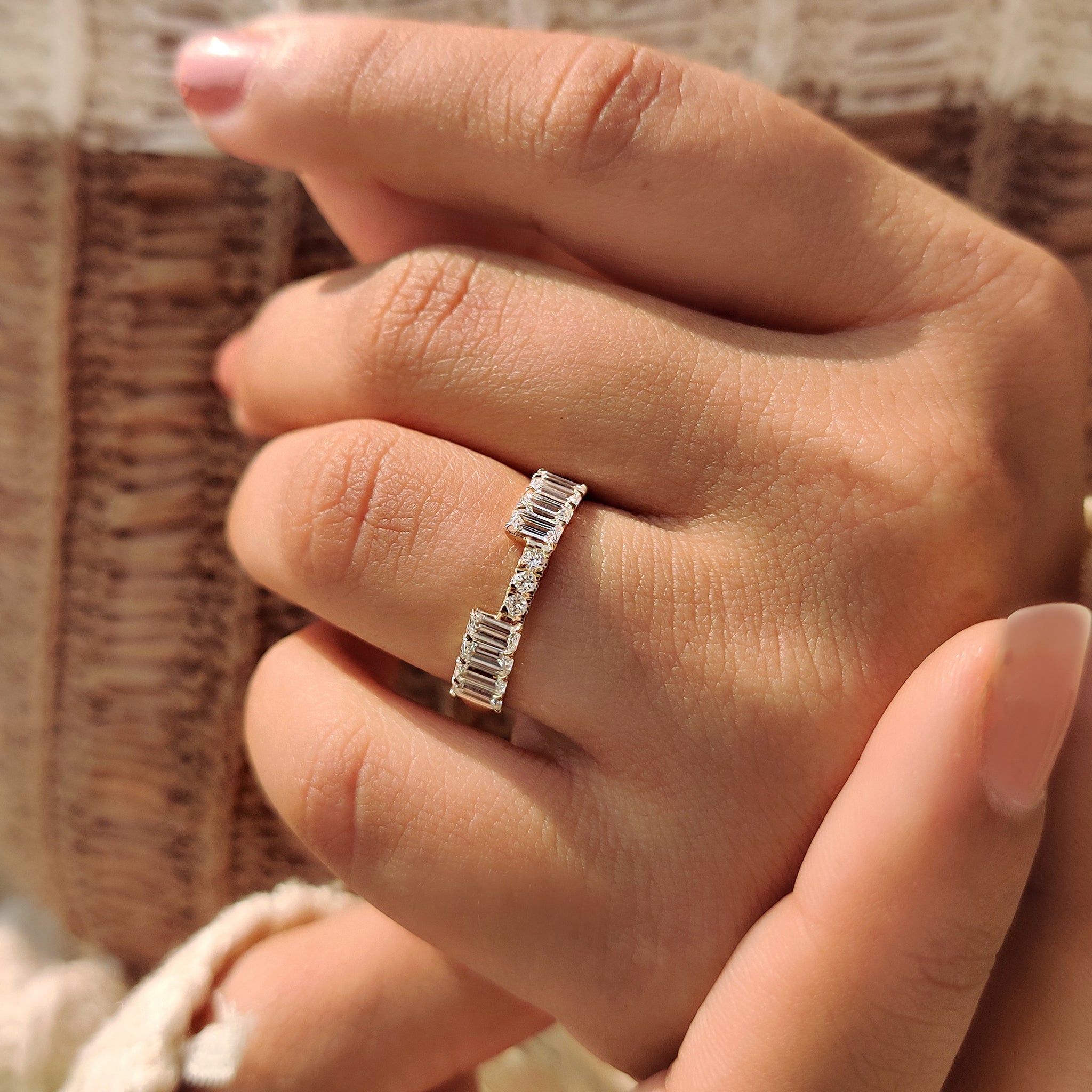 Half Eternity Emerald and Round Diamond Stackable Wedding Band