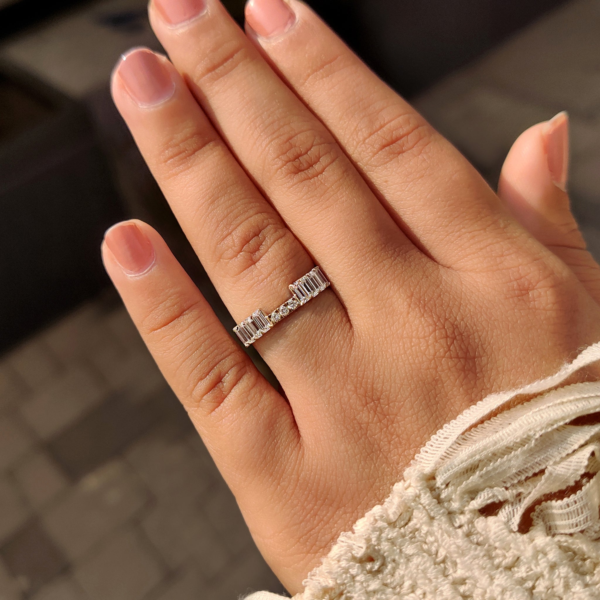 Half Eternity Emerald and Round Diamond Stackable Wedding Band