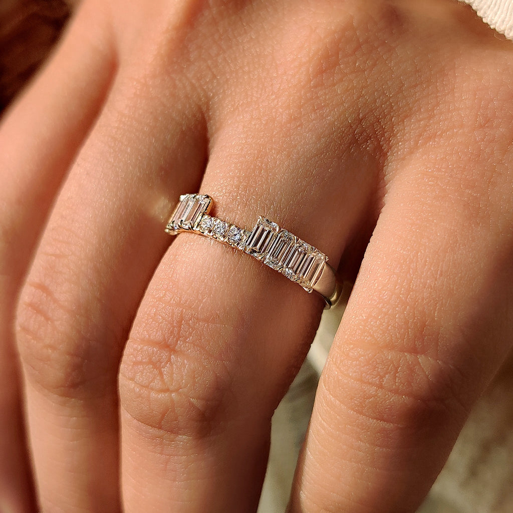 Half Eternity Emerald and Round Diamond Stackable Wedding Band