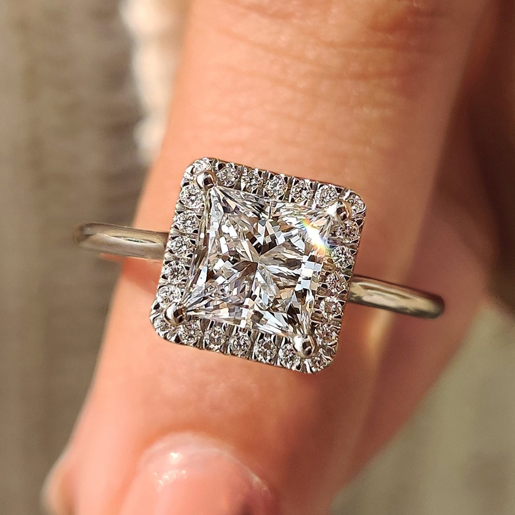 Halo Princess Cut Engagement Ring In Cathedral Style