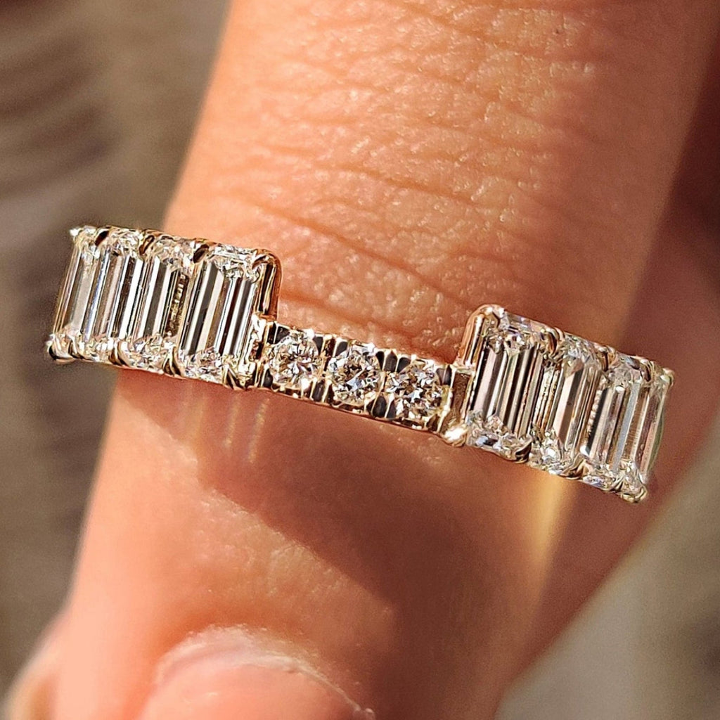 Half Eternity Emerald and Round Diamond Stackable Wedding Band