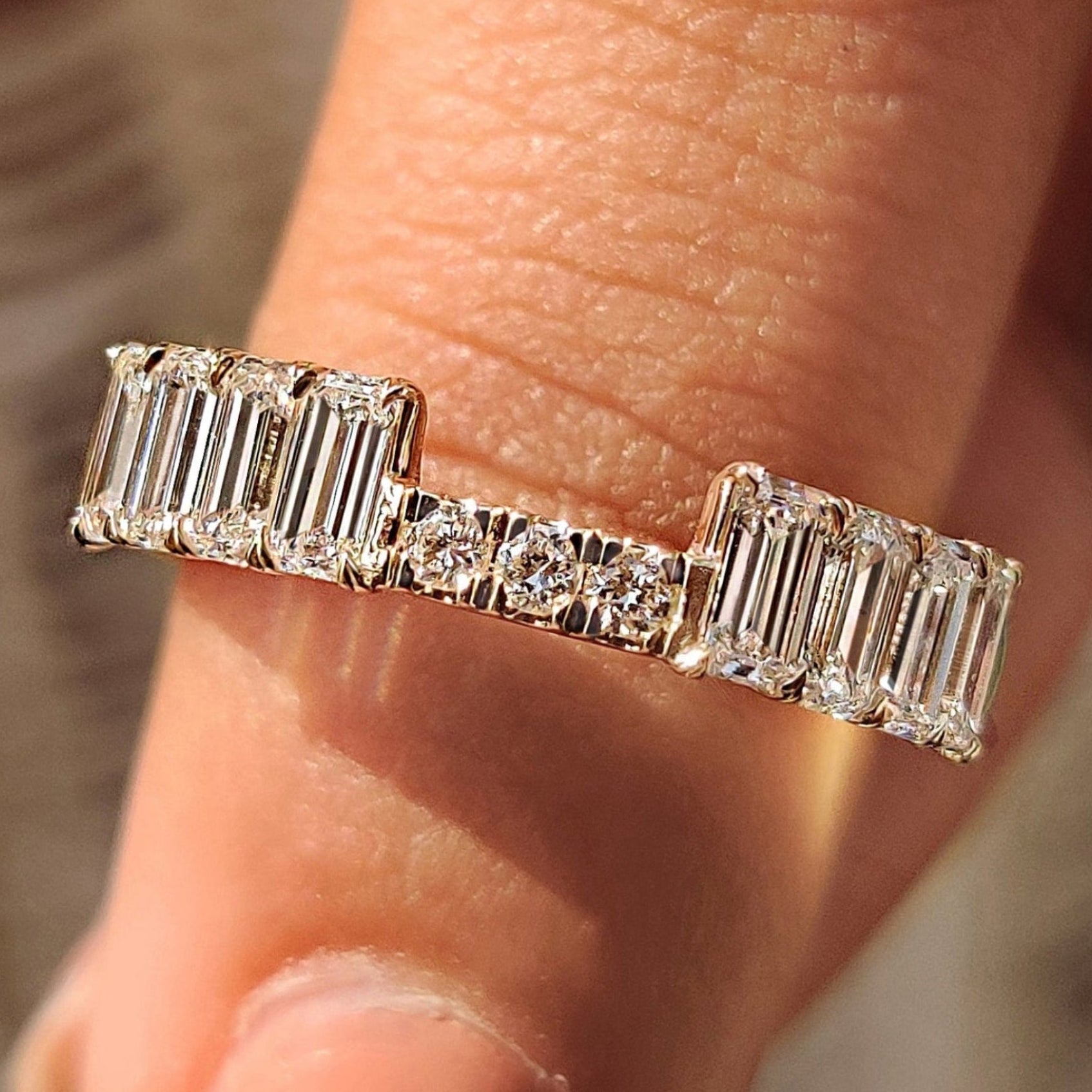 Half Eternity Emerald and Round Diamond Stackable Wedding Band