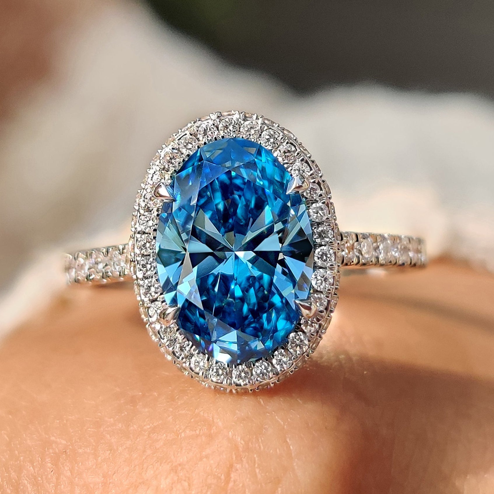 Oval Cut Blue Diamond Engagement Ring