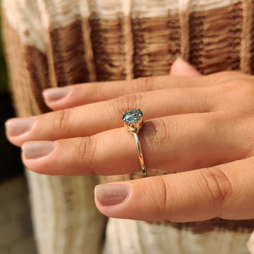 Cyan Blue Portuguese Cut Moissanite Ring