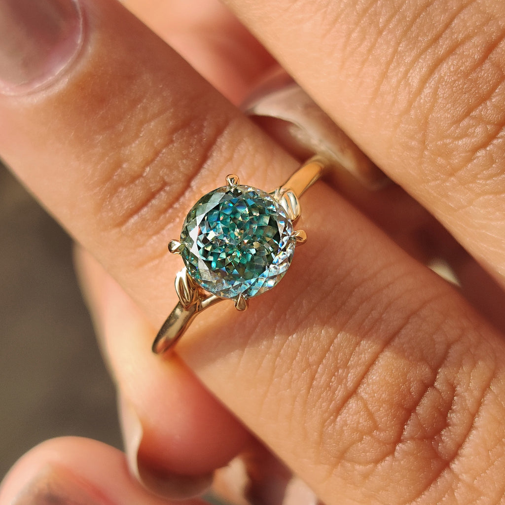 Cyan Blue Portuguese Cut Moissanite Ring