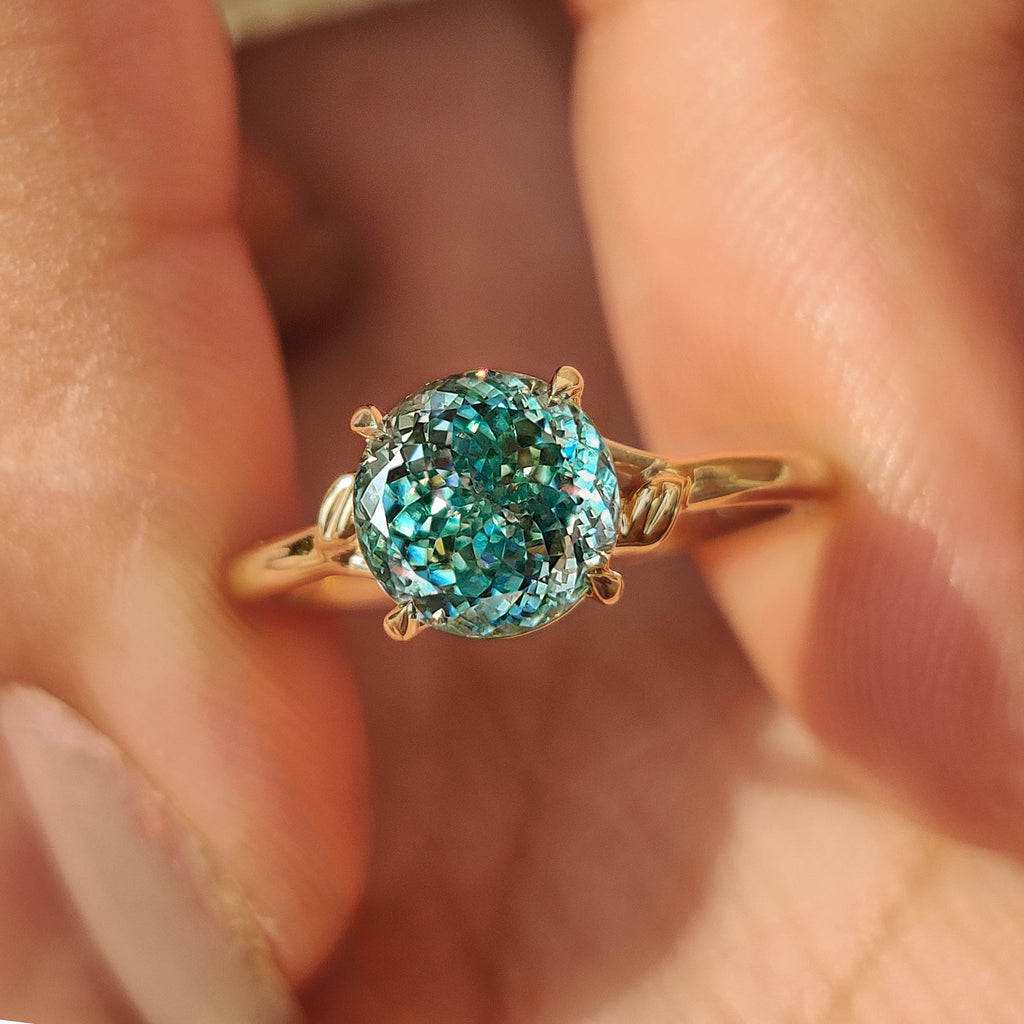 Cyan Blue Portuguese Cut Moissanite Ring