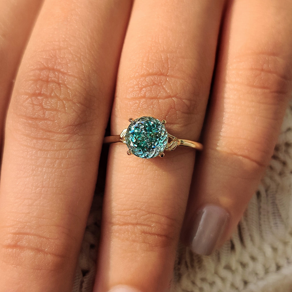 Cyan Blue Portuguese Cut Moissanite Ring