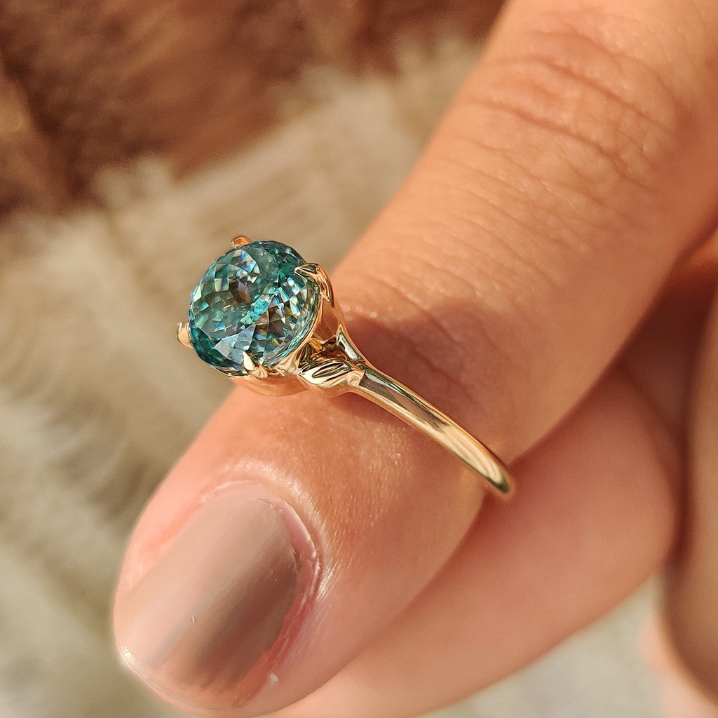 Cyan Blue Portuguese Cut Moissanite Ring
