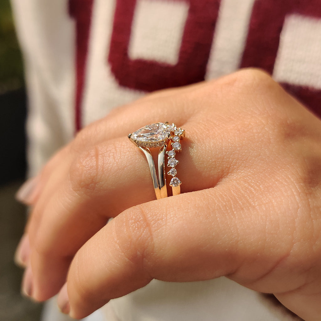 Hidden Halo Pear Shaped Ring with Curved Band