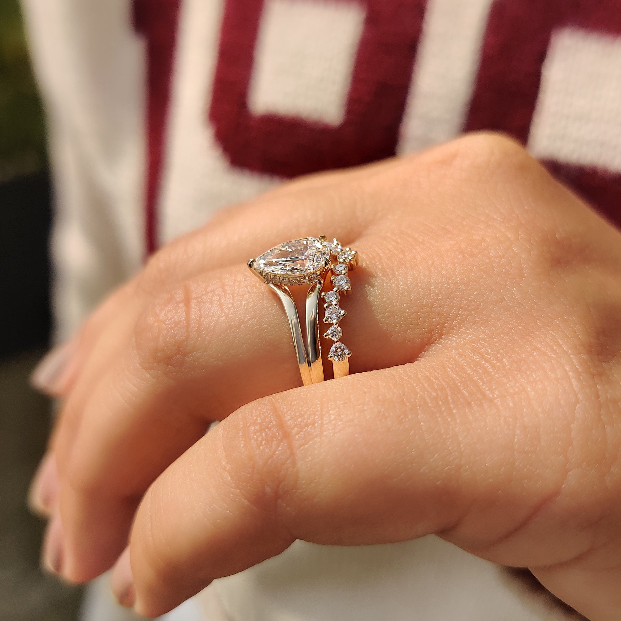 Hidden Halo Pear Shaped Ring with Curved Band