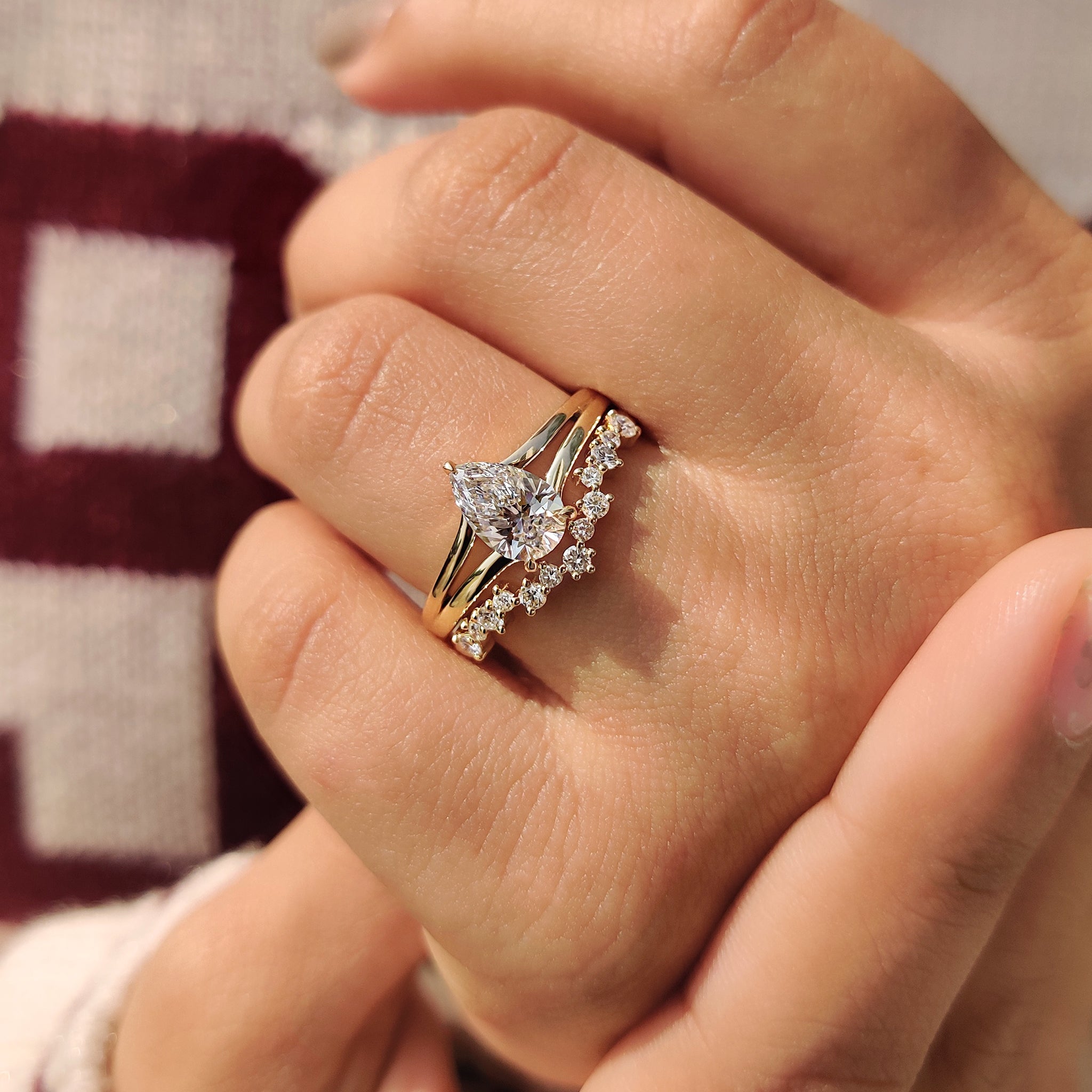 Hidden Halo Pear Shaped Ring with Curved Band